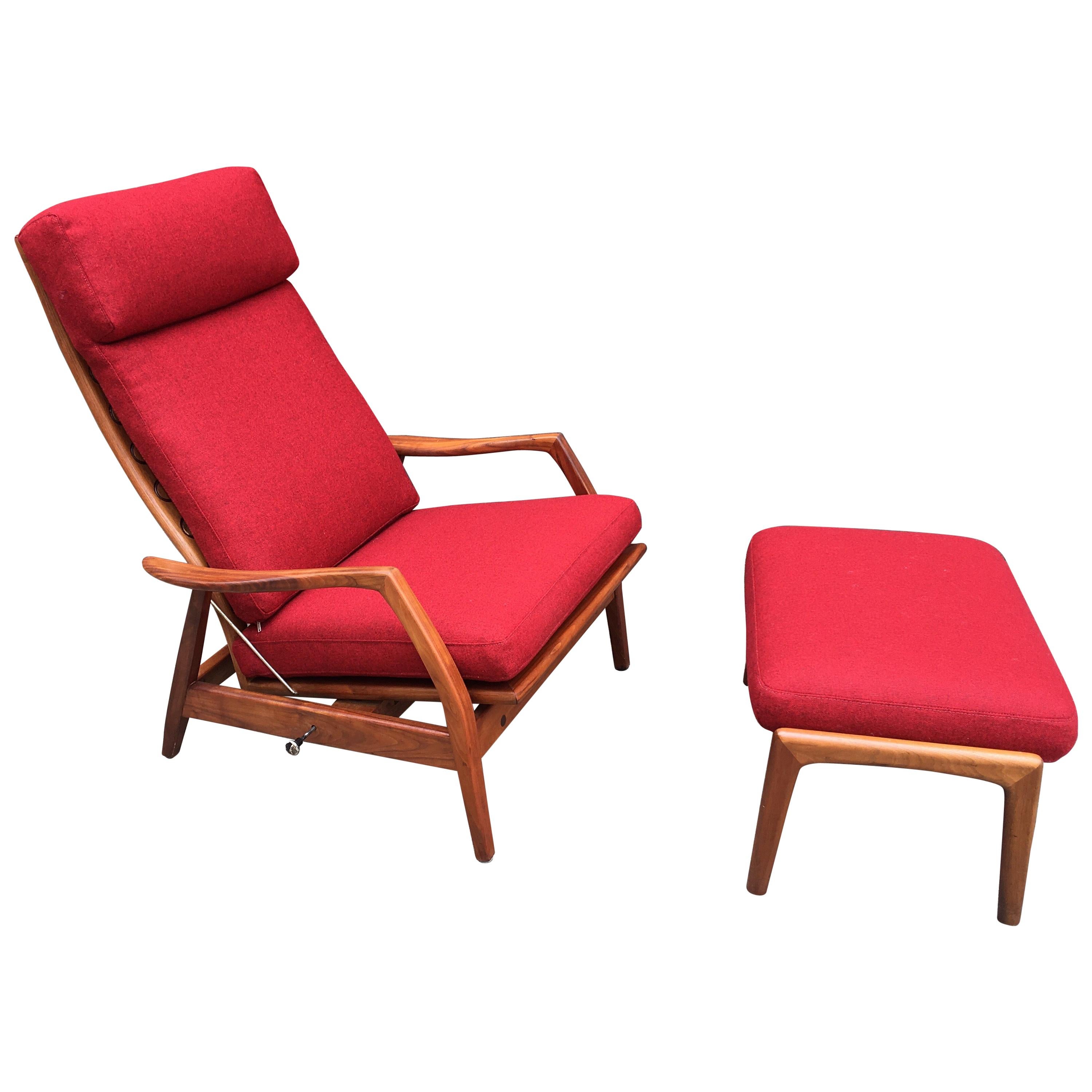DUX Teak Lounge Chair/Recliner and Ottoman in Red Wool at 1stDibs