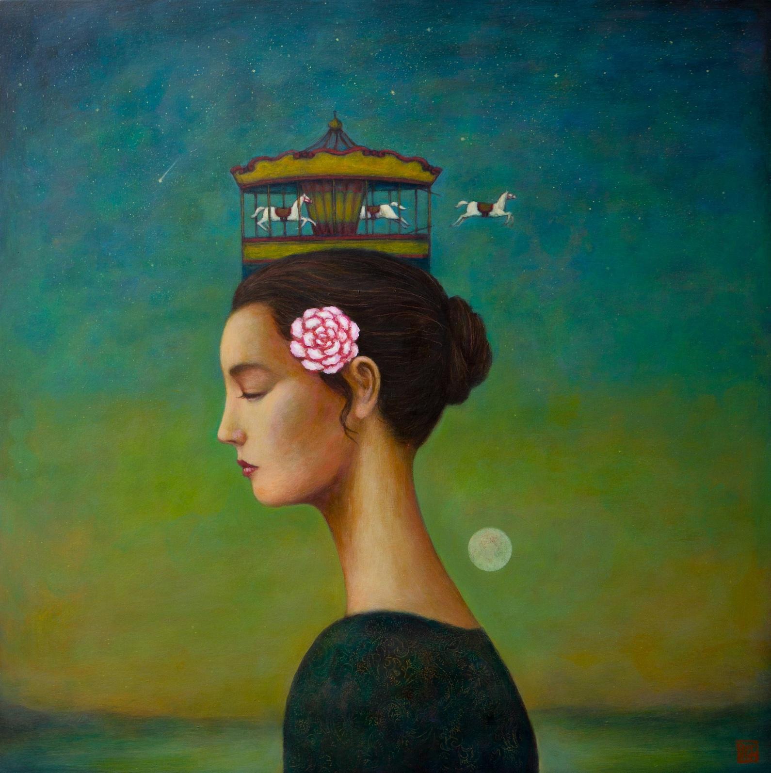 Duy Huynh Figurative Painting - "Sweet Unrest", Acrylic on Wood Panel, Fictional Skyscape, Human Figure