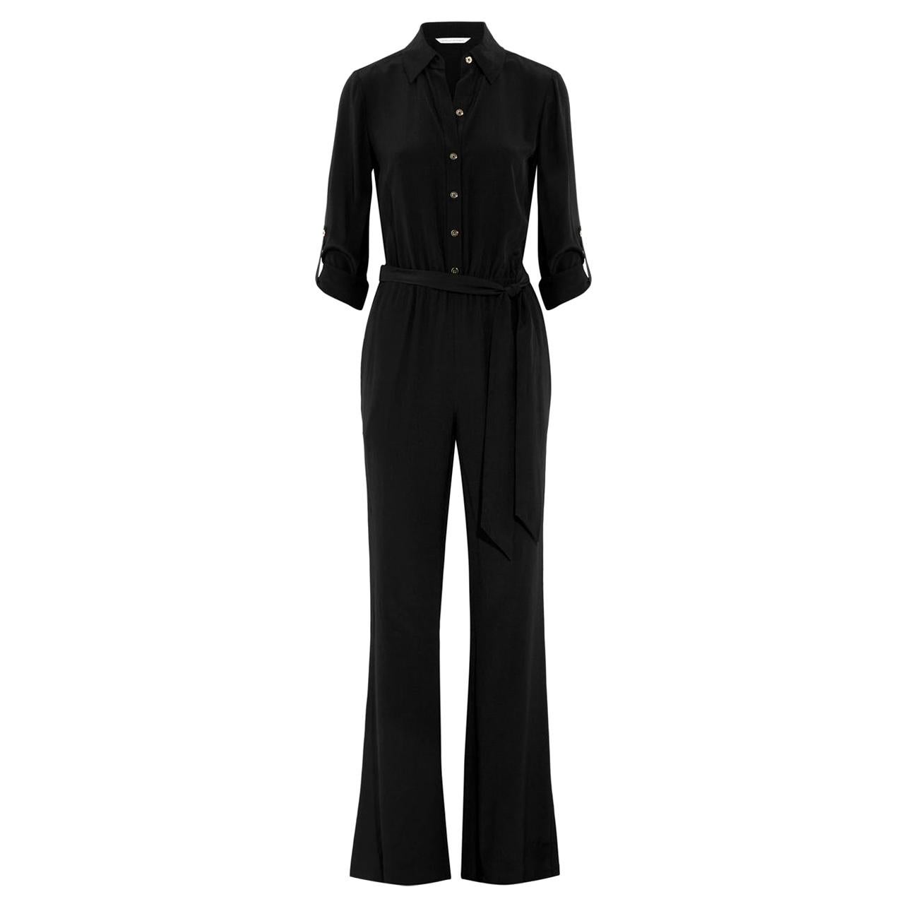 NEW DVF Diane von Furstenberg Black Silk Jumpsuit Overall Size US8