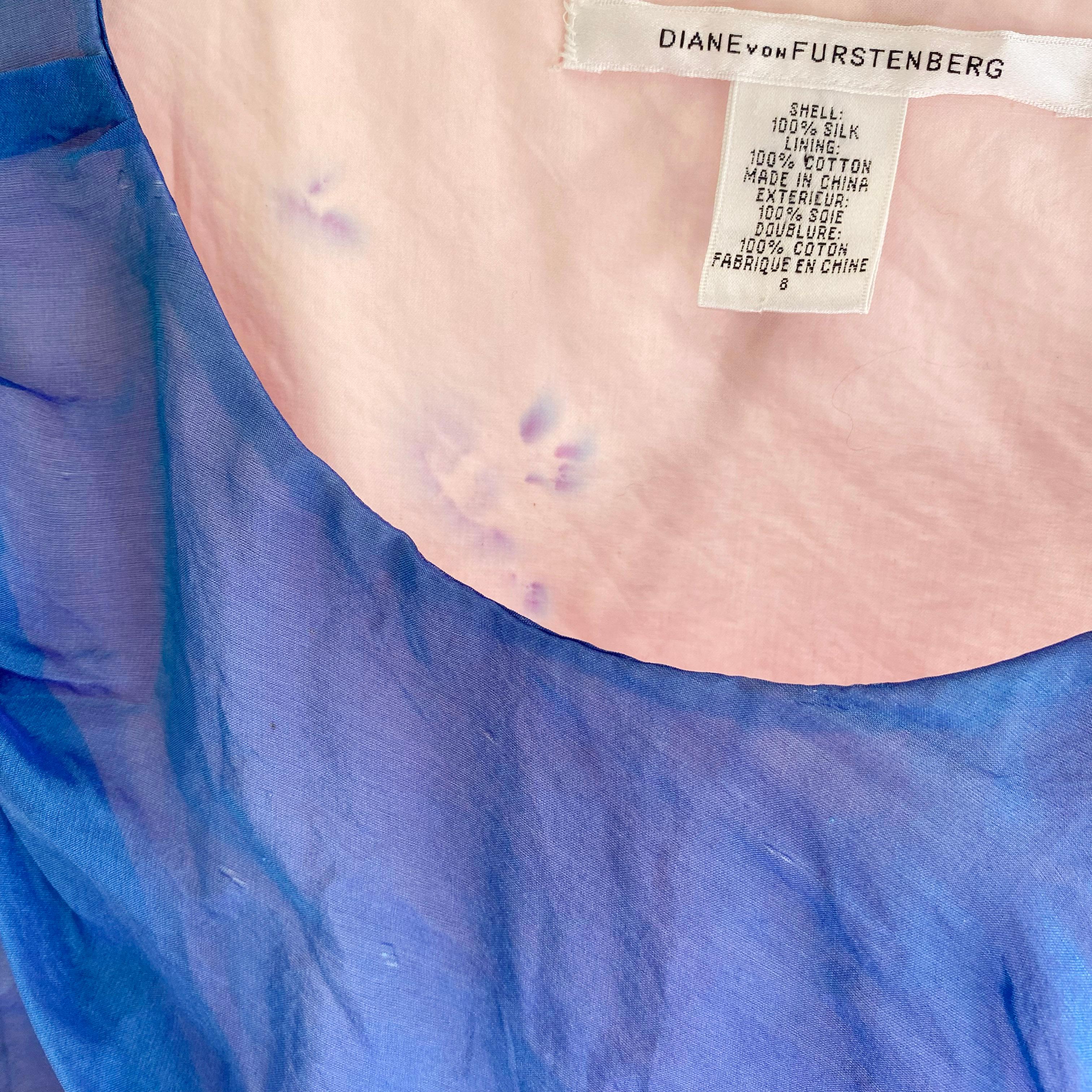 DVF Diane von Furstenberg blue silk chiffon shirred ruched mousseline dress In Good Condition For Sale In Boston, MA