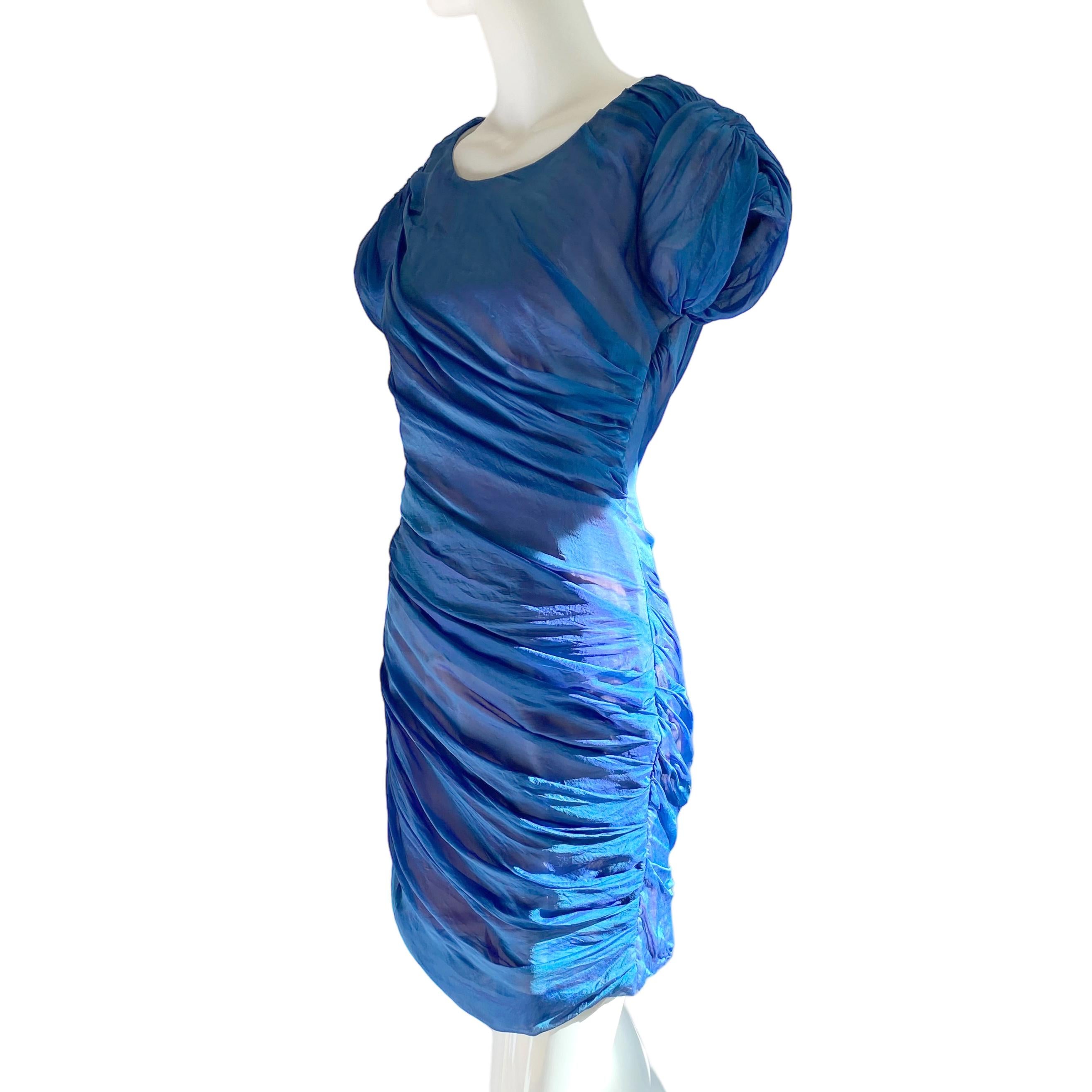Women's DVF Diane von Furstenberg blue silk chiffon shirred ruched mousseline dress For Sale