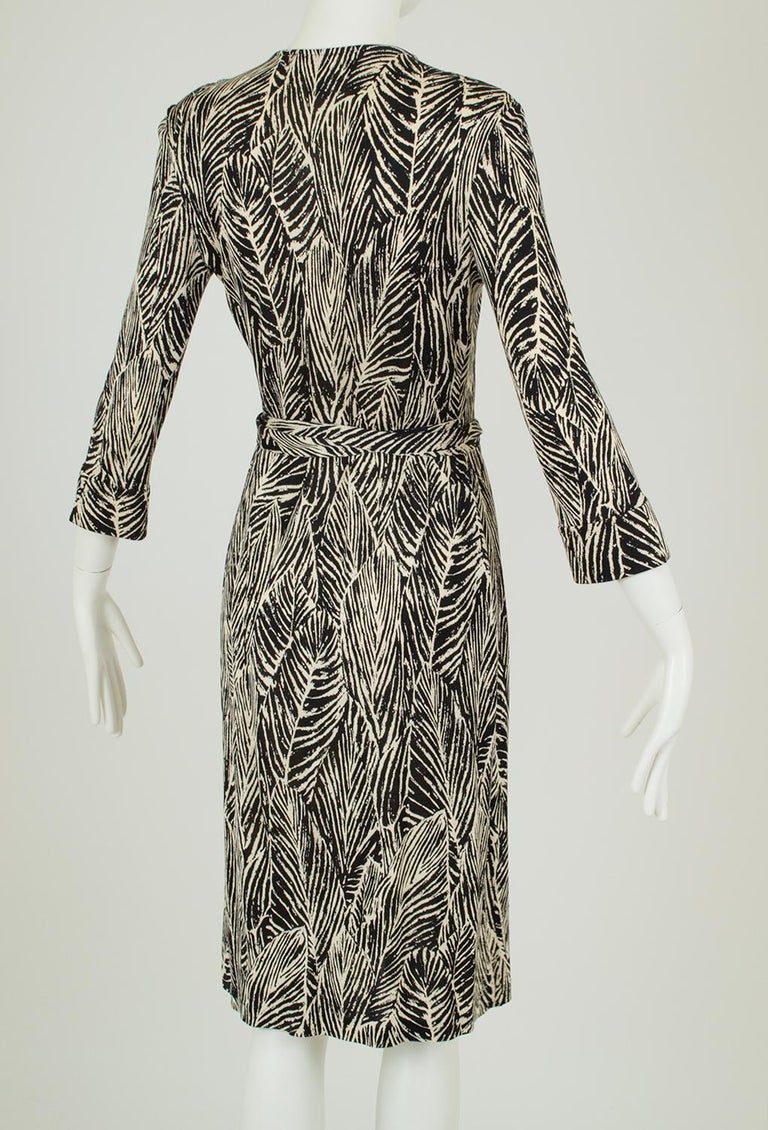 DVF Vintage Silk Jersey Black and White Leaf Print Wrap Dress  XS - S,  2000s For Sale at 1stDibs