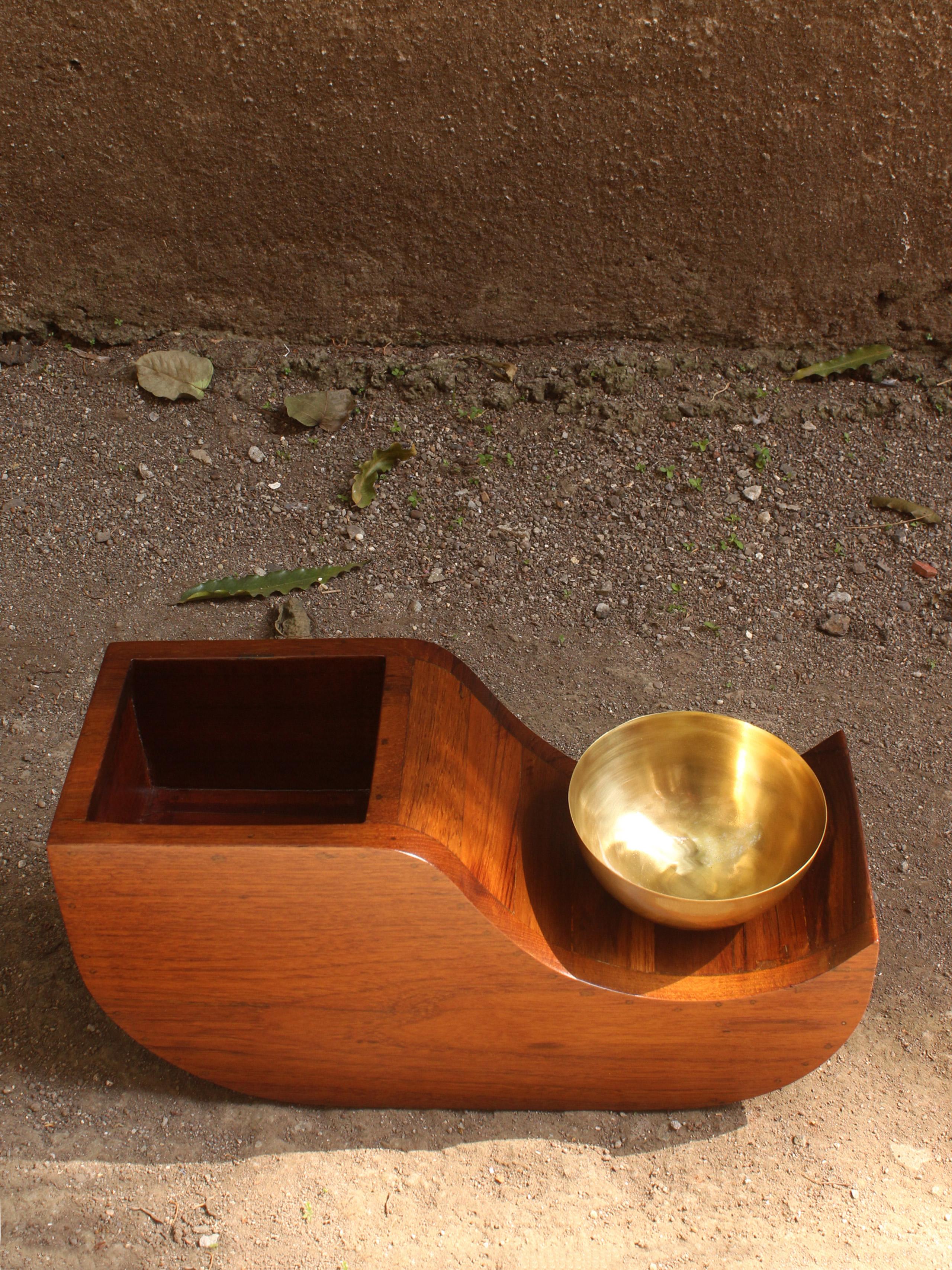 Dvi Planter by Studio Indigene
Dimensions: D 45.72 x W 17.78 x H 22,86 cm
Materials: Teak Wood & Brass. 
Colors Brown, Natural Wooden, Brass Finish.

Dvi, holds two plantlings in its graceful handcrafted form. The plants are housed in the wooden