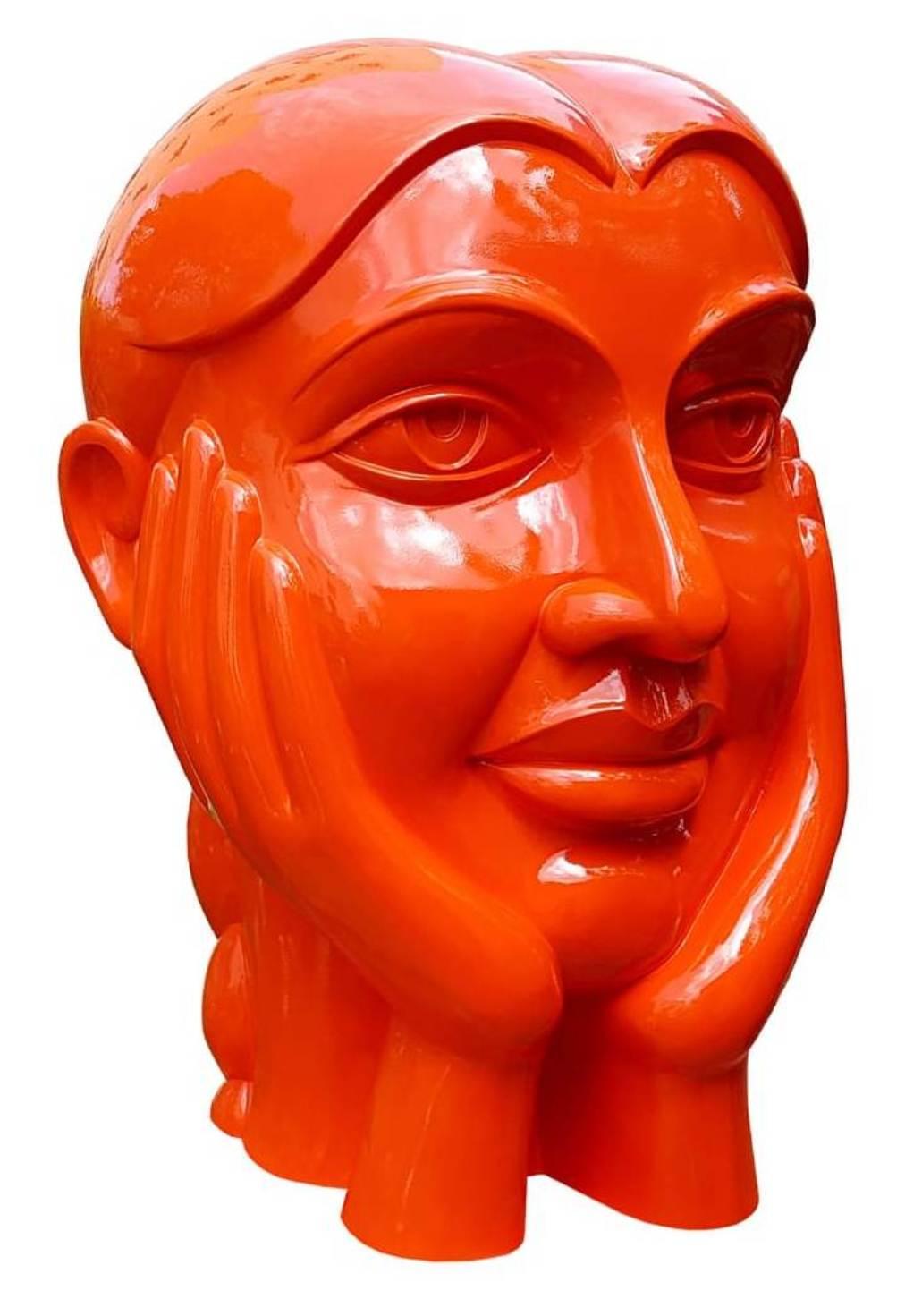 DVS Krishna Figurative Sculpture - Amused, Hand on the Face, Painted on Fiber Glass, Colour Orange c"In Stock"