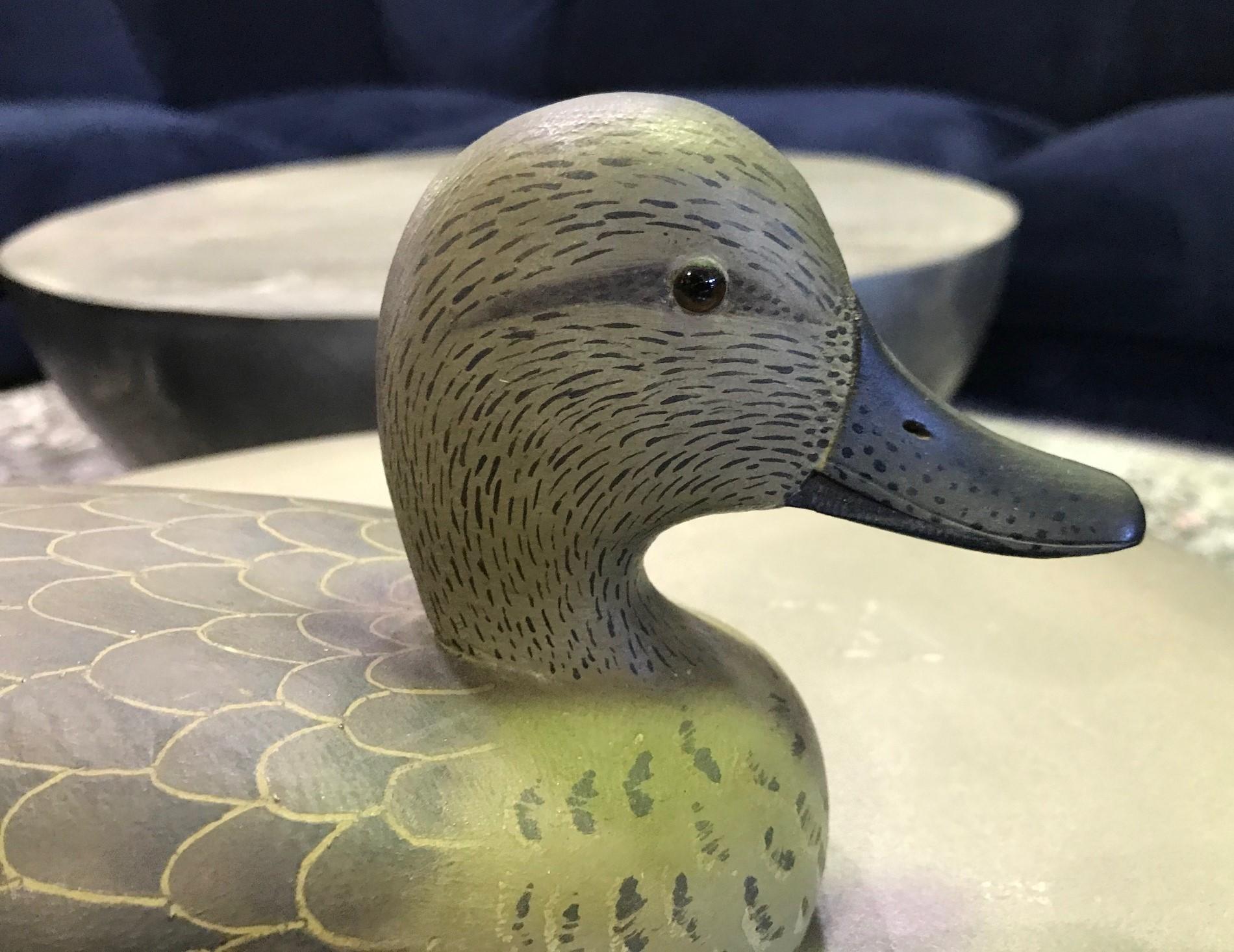 Folk Art D.W. Nichol Signed Wood Hand Carved Duck Decoy, Female Blue Wing Cinnamon Teal