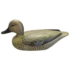 D.W. Nichol Signed Wood Hand Carved Duck Decoy, Female Blue Wing Cinnamon Teal