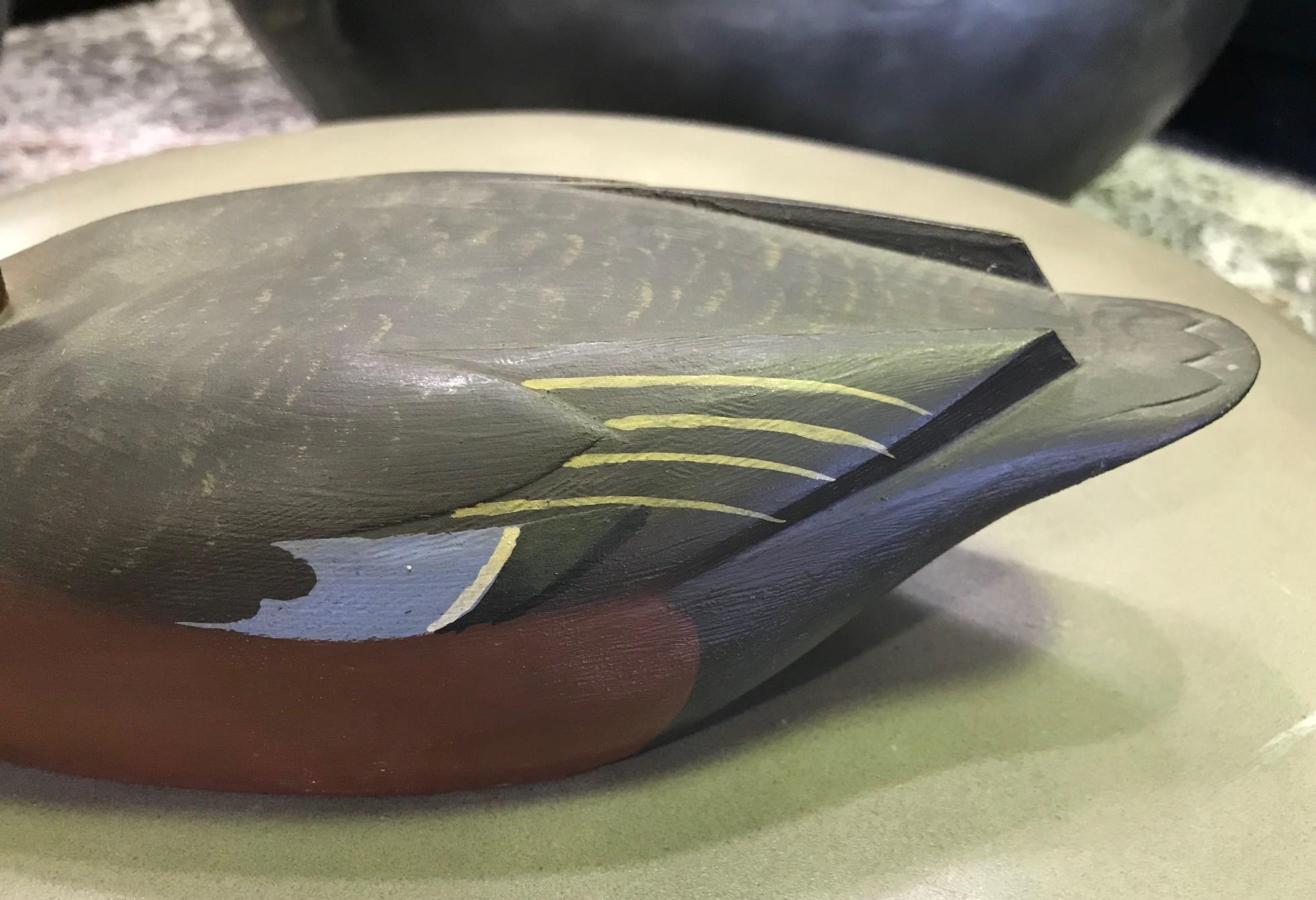 20th Century D.W. Nichol Signed Hand Carved Wood Duck Decoy, Male Cinnamon Teal For Sale