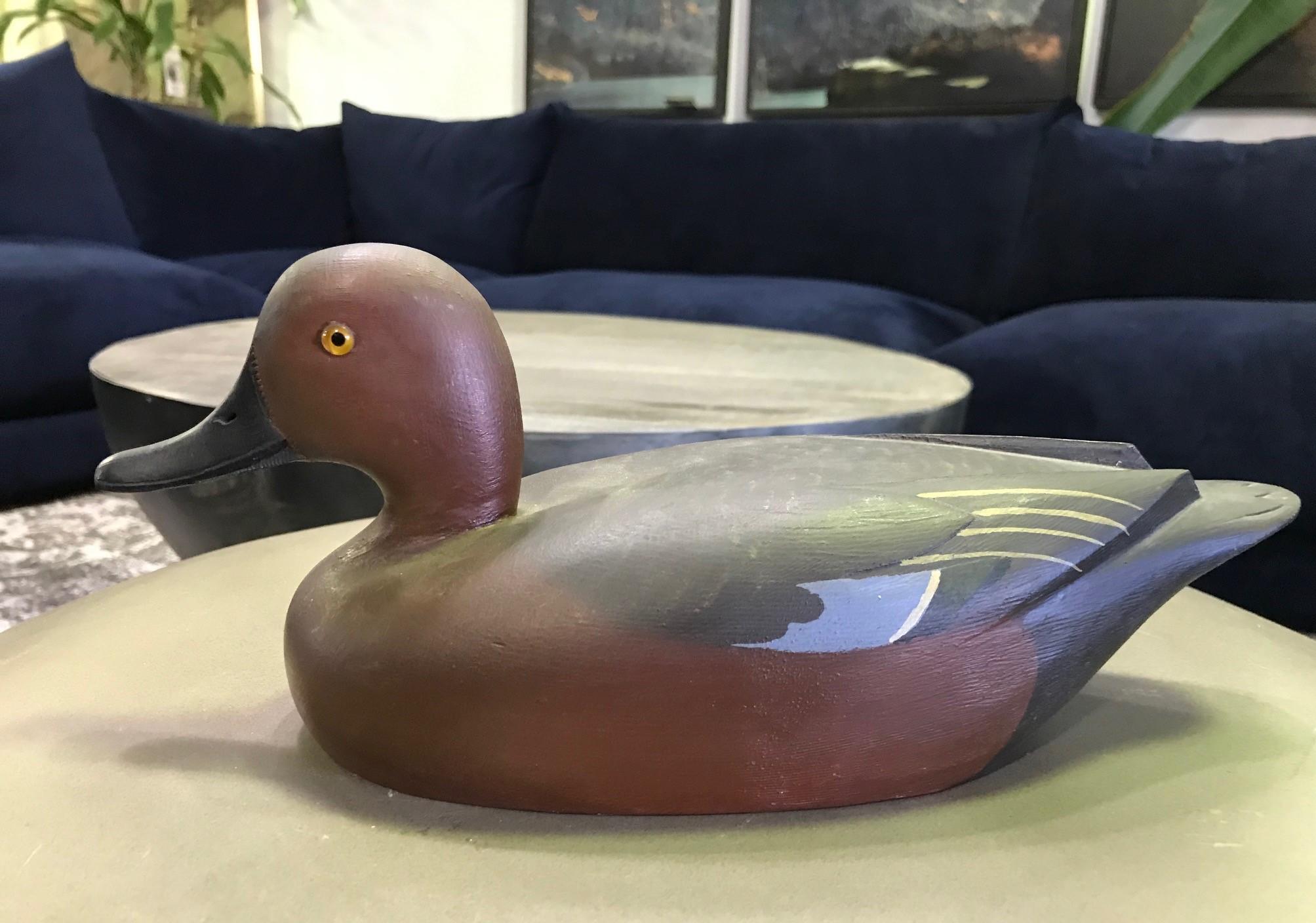 Canadian D.W. Nichol Signed Hand Carved Wood Duck Decoy, Male Cinnamon Teal For Sale