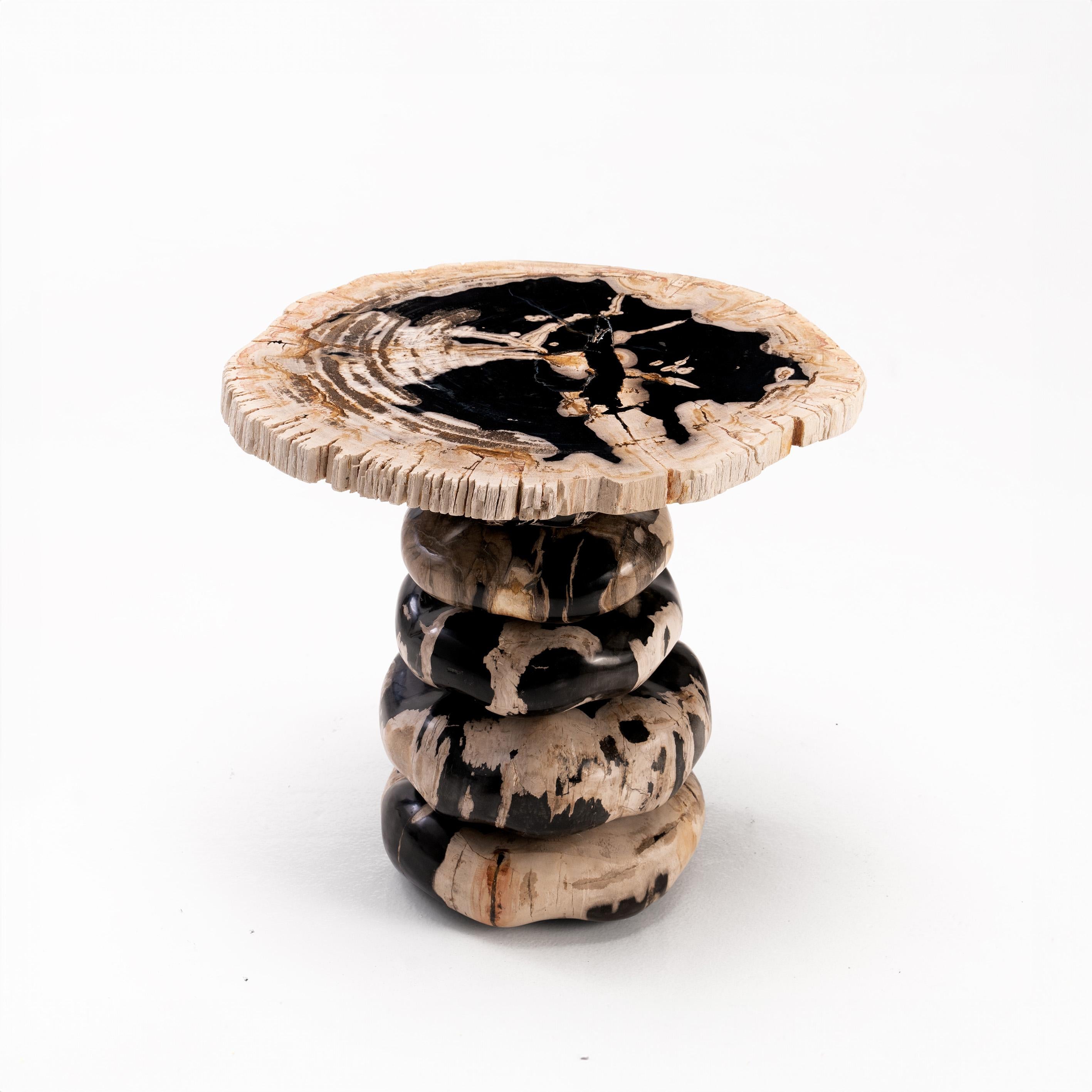Born from our lifelong obsession with stacking rocks, this totem-like side table features hand-sculpted, organic shaped petrified wood forms, adorned with a striking raw Petrified wood slice.

This is a meticulously hand sculptured product. Each