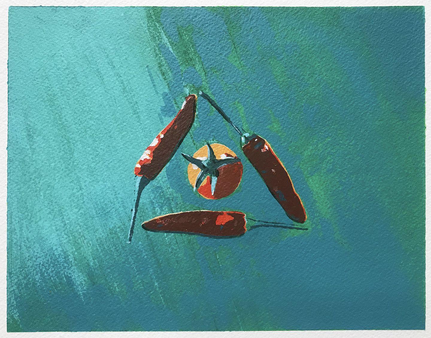All Seeing Tomato #2, technique mixte sur papier aquarelle - Mixed Media Art de Dwayne Wolff