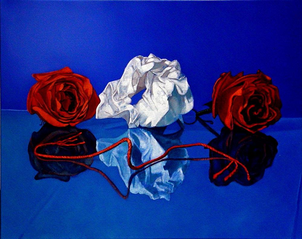 Still life on glass, with roses, crumpled paper and string. :: Painting :: Classical :: This piece comes with an official certificate of authenticity signed by the artist :: Ready to Hang: Yes :: Signed: Yes :: Signature Location: bottom left ::