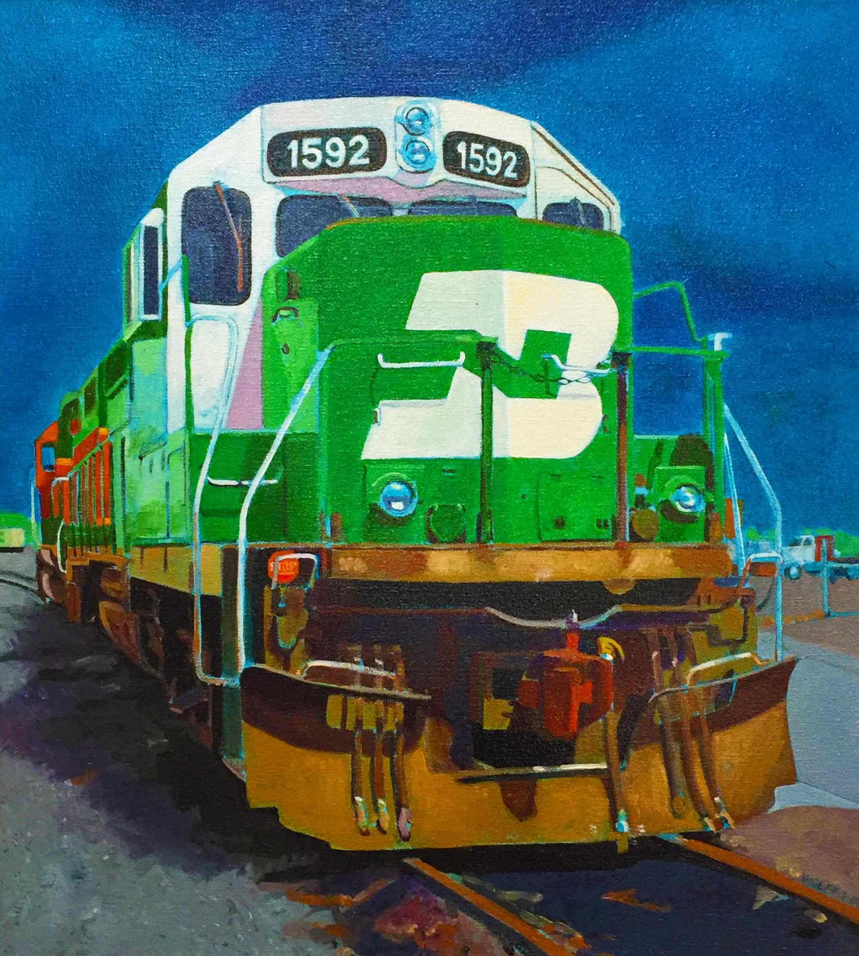 Portrait of train engine :: Painting :: Classical :: This piece comes with an official certificate of authenticity signed by the artist :: Ready to Hang: Yes :: Signed: Yes :: Signature Location: lower right :: Canvas :: Portrait :: Original ::