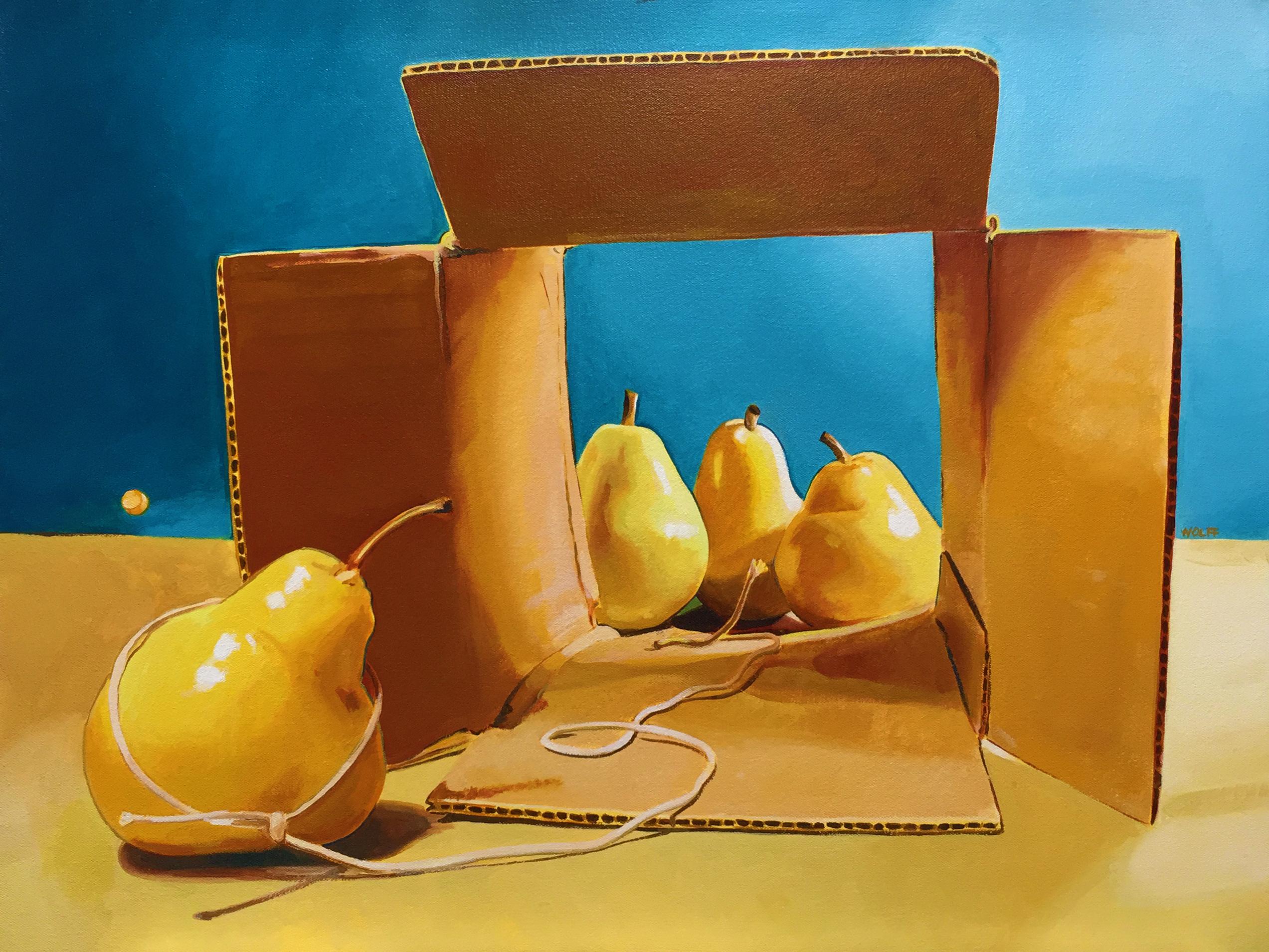 Symbolic still life of pears with box and string :: Painting :: Classical :: This piece comes with an official certificate of authenticity signed by the artist :: Ready to Hang: Yes :: Signed: Yes :: Signature Location: lower right :: Canvas ::