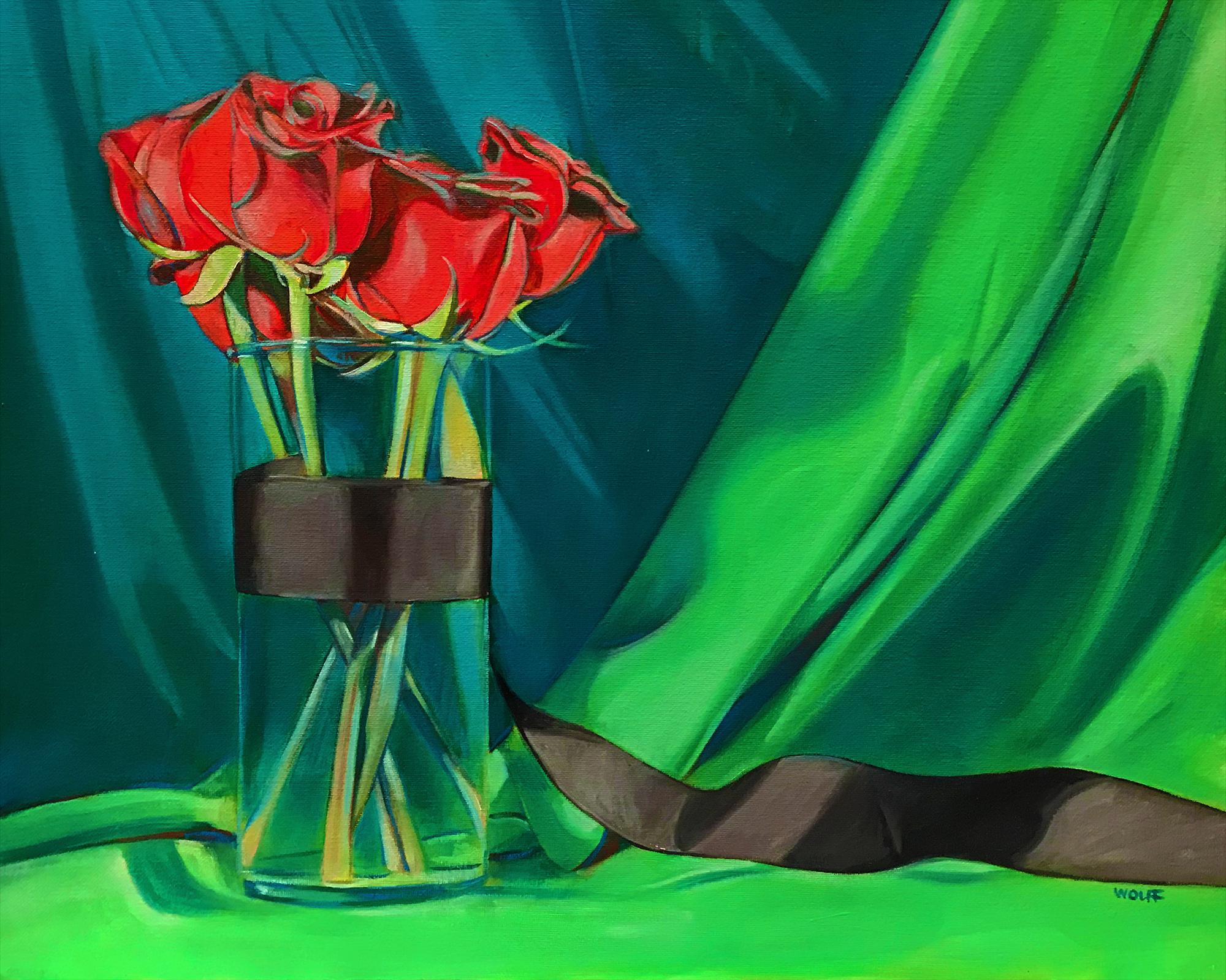 Roses in vase with black ribbon against green fabric. :: Painting :: Contemporary :: This piece comes with an official certificate of authenticity signed by the artist :: Ready to Hang: No :: Signed: Yes :: Signature Location: lower right :: MDF