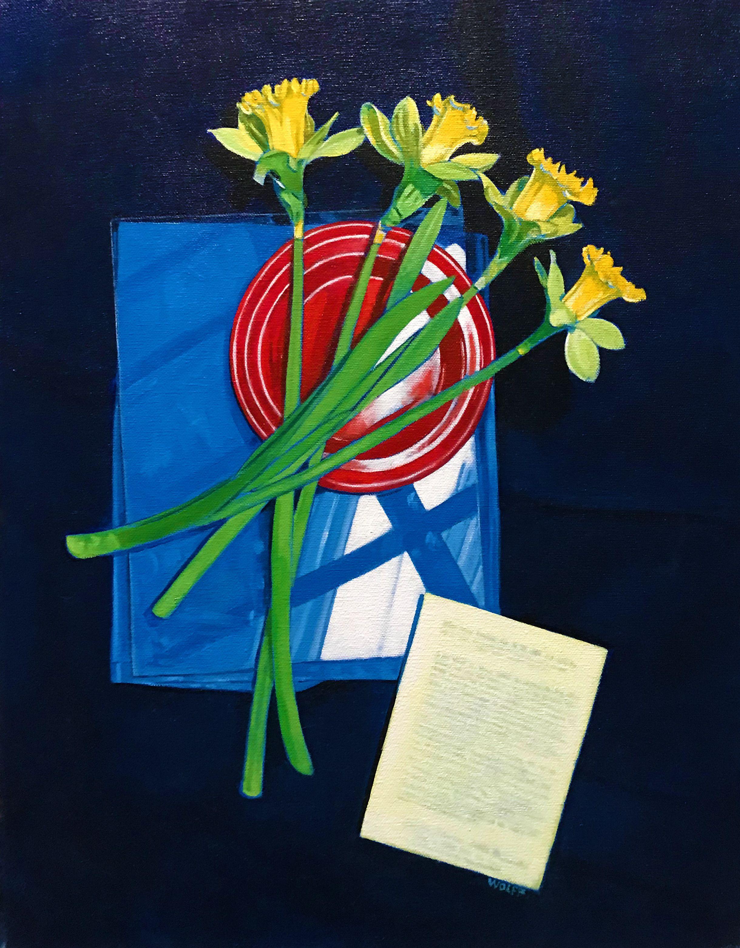 Oil painting of daffodils, plate and letter on reflective glass. :: Painting :: Realism :: This piece comes with an official certificate of authenticity signed by the artist :: Ready to Hang: Yes :: Signed: Yes :: Signature Location: lower right ::