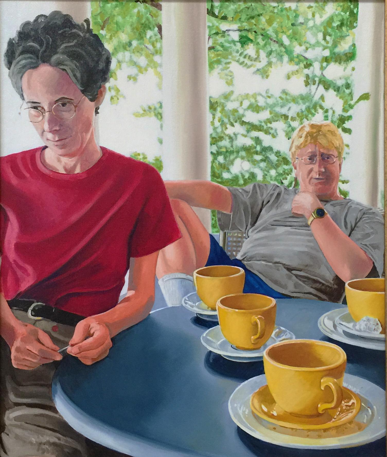 Portrait of friends at Sunday morning coffee. :: Painting :: Contemporary :: This piece comes with an official certificate of authenticity signed by the artist :: Ready to Hang: Yes :: Signed: Yes :: Signature Location: lower right :: Canvas ::