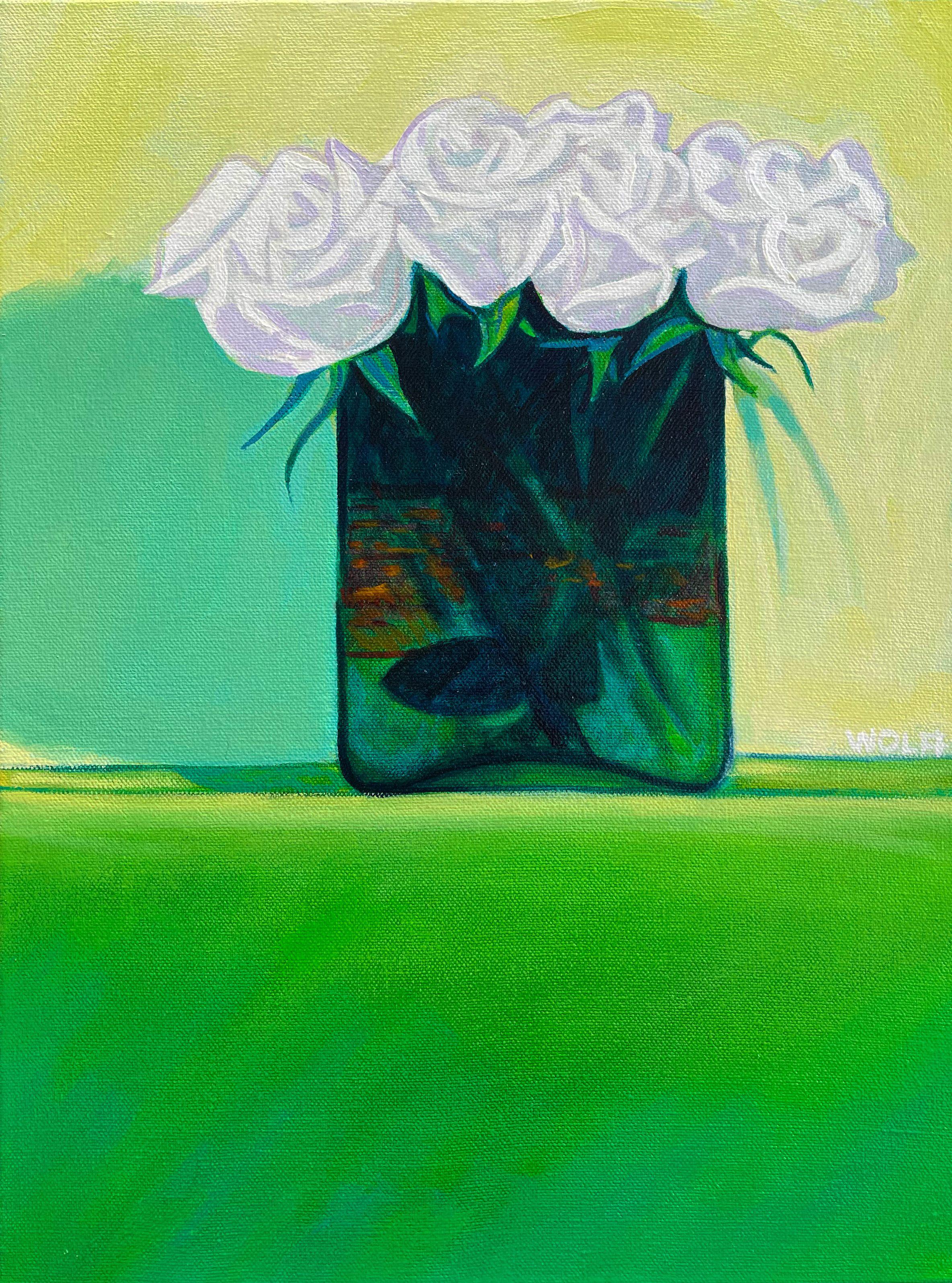 White roses in a green vase on a green shelf against a green wall. :: Painting :: Contemporary :: This piece comes with an official certificate of authenticity signed by the artist :: Ready to Hang: Yes :: Signed: Yes :: Signature Location: Middle
