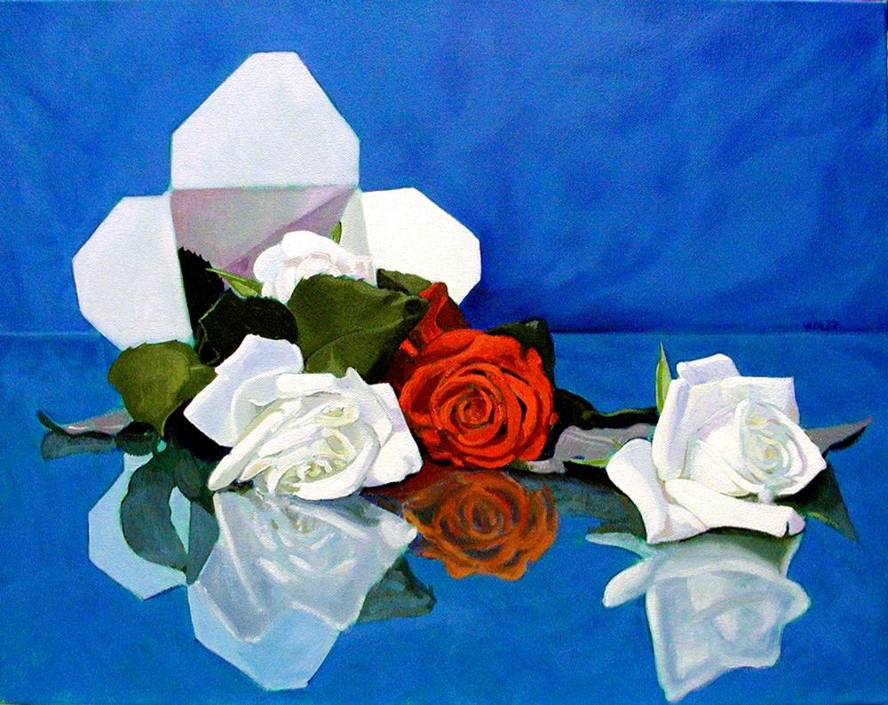 Roses spilling out of take out food container, against blue background, on reflective glass. :: Painting :: Realism :: This piece comes with an official certificate of authenticity signed by the artist :: Ready to Hang: Yes :: Signed: Yes ::
