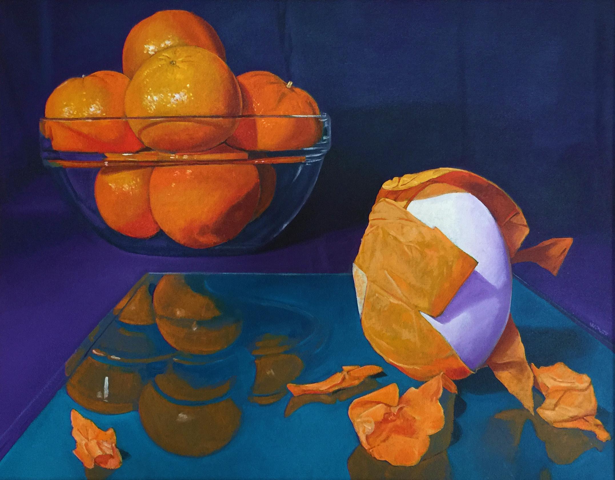 Symbolic still life of egg masquerading as an orange. :: Painting :: Contemporary :: This piece comes with an official certificate of authenticity signed by the artist :: Ready to Hang: Yes :: Signed: Yes :: Signature Location: lower right :: Canvas