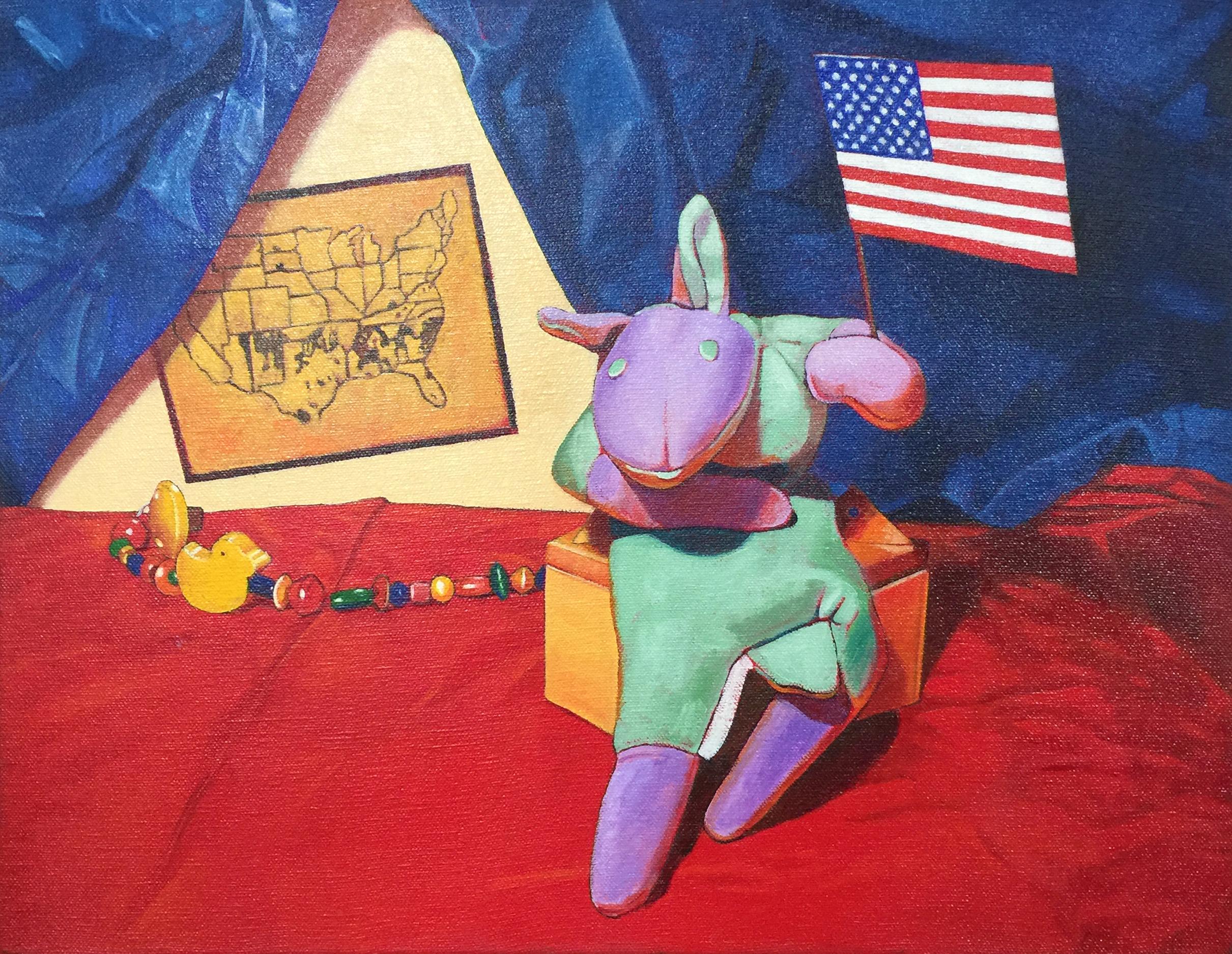 Patriotic puppet with flag and USA map. :: Painting :: Contemporary :: This piece comes with an official certificate of authenticity signed by the artist :: Ready to Hang: Yes :: Signed: Yes :: Signature Location: lower right :: Canvas :: Landscape