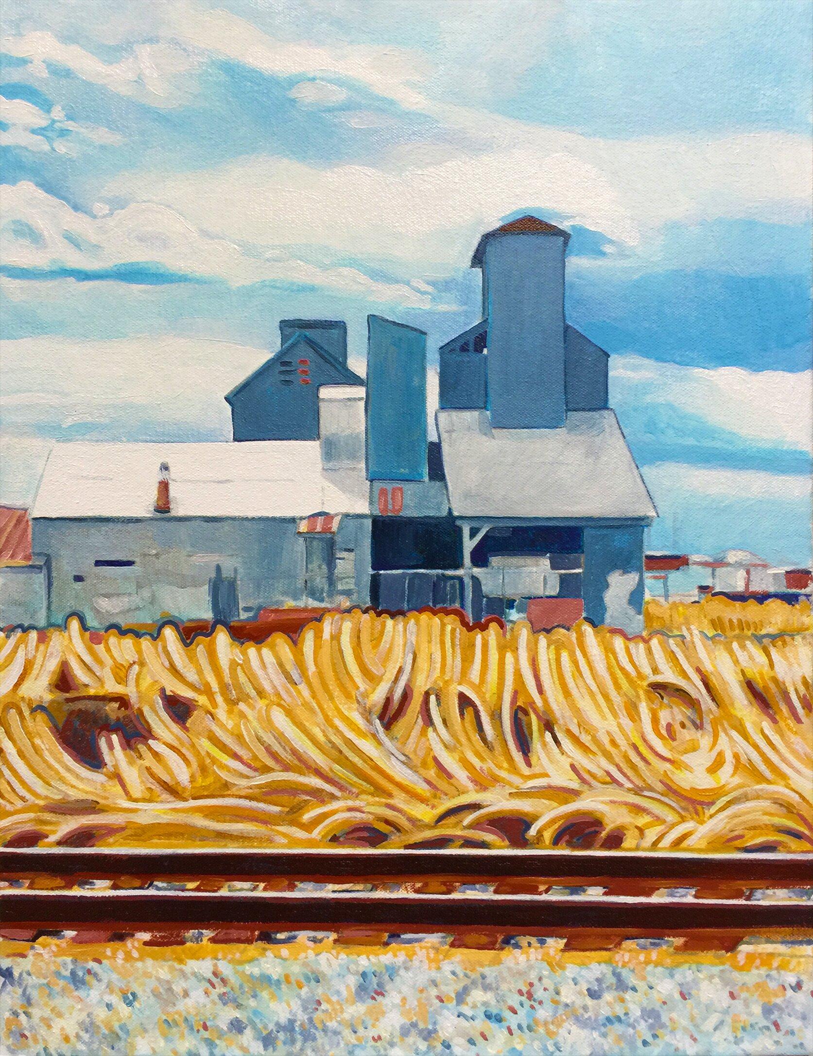 Landscape of the corrugated metal building in a field. :: Painting :: Contemporary :: This piece comes with an official certificate of authenticity signed by the artist :: Ready to Hang: Yes :: Signed: Yes :: Signature Location: lower right ::