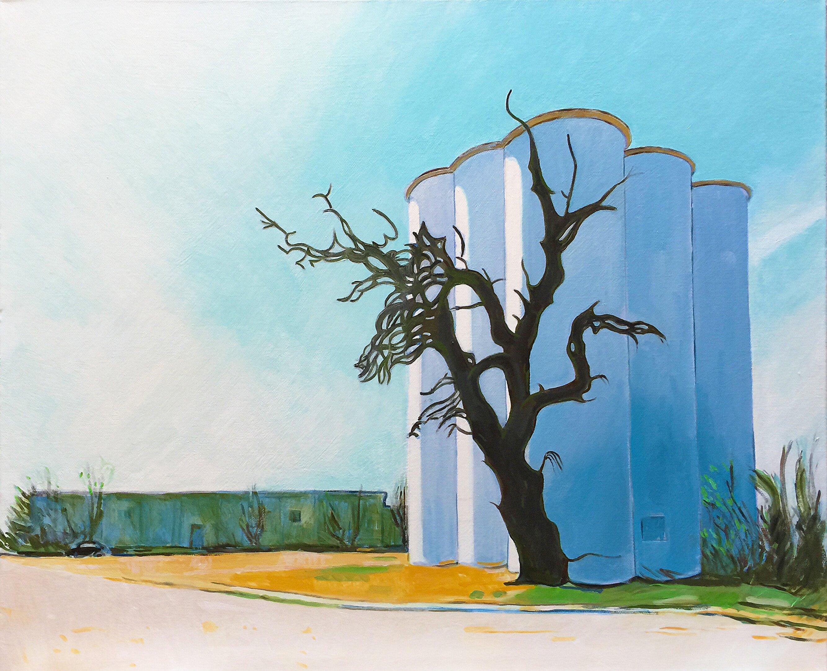 Painting of abandoned silos and dead tree. :: Painting :: Contemporary :: This piece comes with an official certificate of authenticity signed by the artist :: Ready to Hang: Yes :: Signed: Yes :: Signature Location: Lower right :: Canvas ::