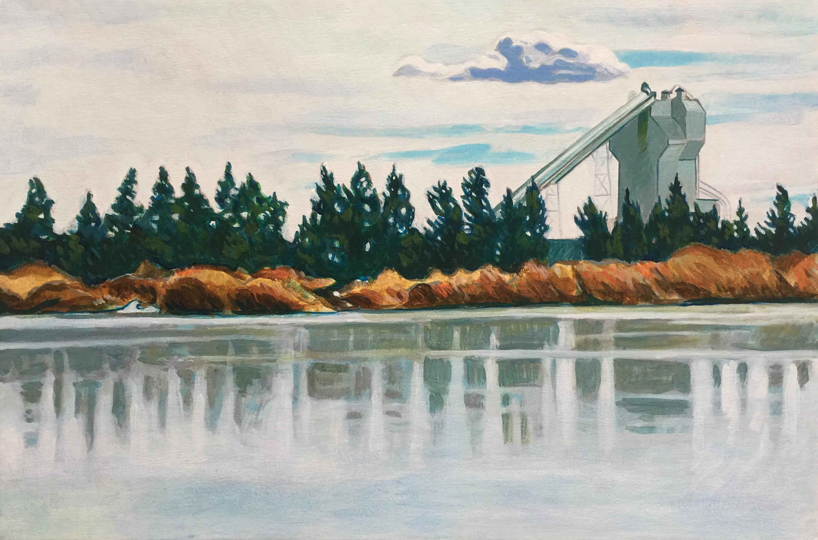 View of Walton Pond and concrete factory in winter. :: Painting :: Contemporary :: This piece comes with an official certificate of authenticity signed by the artist :: Ready to Hang: Yes :: Signed: Yes :: Signature Location: lower right :: Canvas