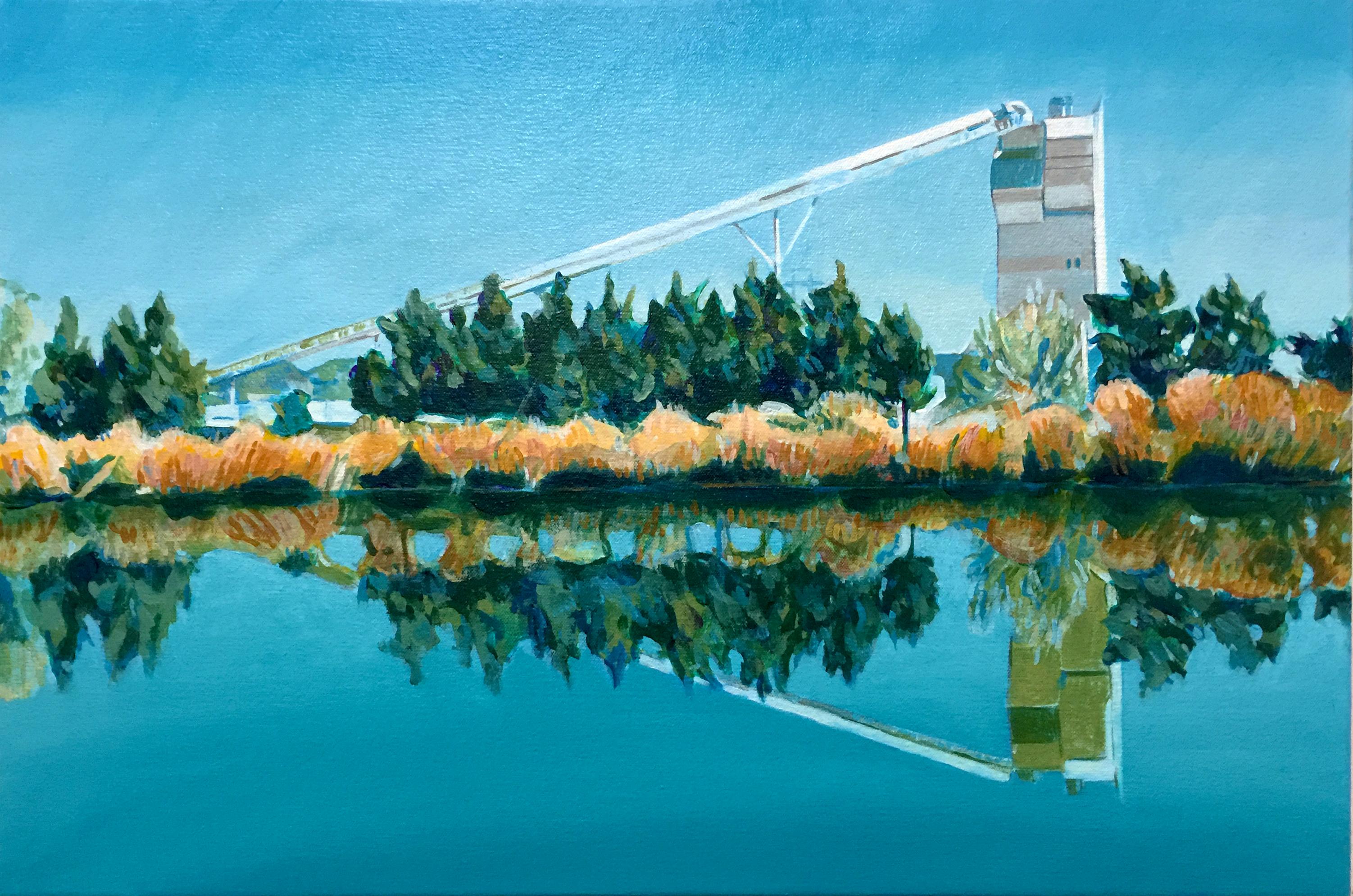 View at Walton Pond from the St Vrain Greenway in Longmont, Colorado. :: Painting :: Contemporary :: This piece comes with an official certificate of authenticity signed by the artist :: Ready to Hang: No :: Signed: Yes :: Signature Location: lower