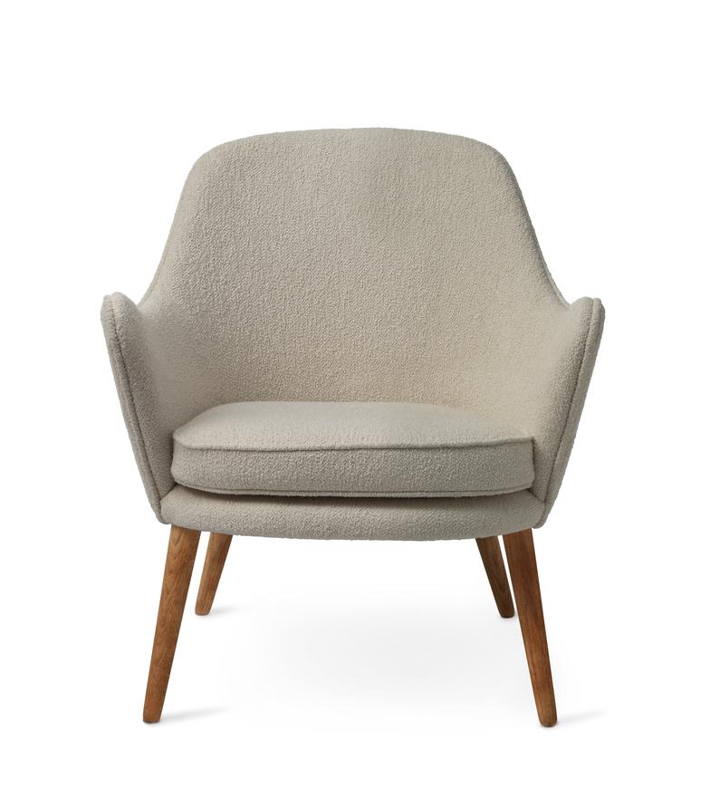 Dwell Lounge chair Sand by Warm Nordic
Dimensions: D69 x W66 x H 73 cm
Material: Textile upholstery, Solid smoked or white oiled oak legs, Wooden frame, foam, spring system
Weight: 19 kg
Also available in different colors and finishes. 

Warm