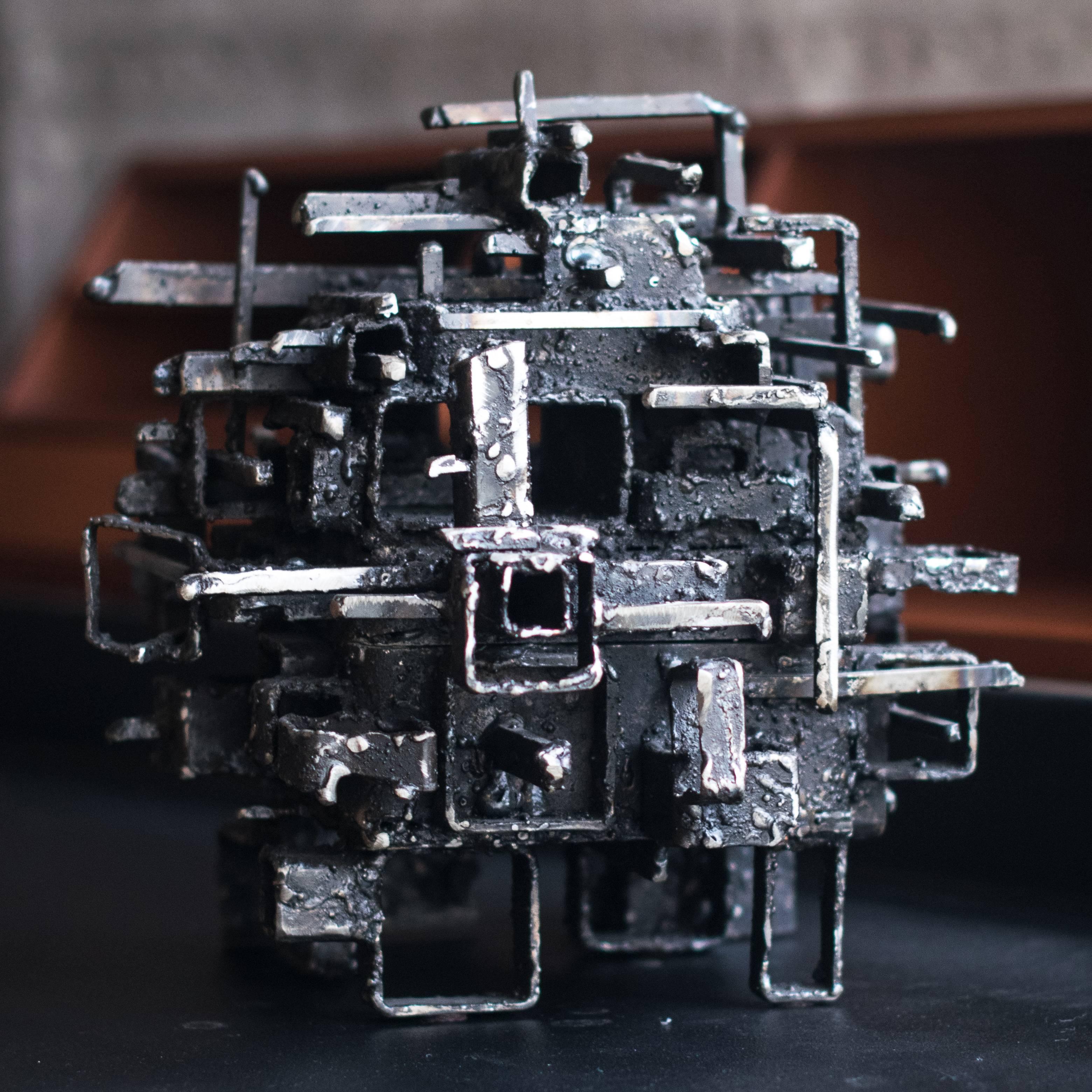 Hinged box by modern Brutalist metalsmith James Bearden. Torch-cut blackened steel from his Cathedral series, 2014. Bearden has recently been featured in a solo exhibition at the New York Design Center.