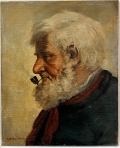 Cornish Fisherman Smoking Clay Pipe Antique British Signed Ölgemälde
