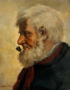 Peinture à l'huile ancienne anglaise signée d'un pêcheur de Cornouailles fumant de l'argile