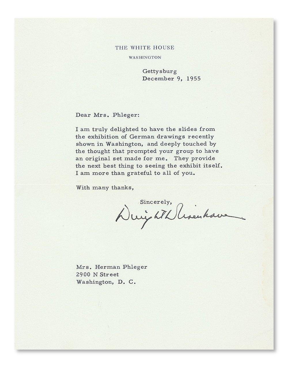 A pair of typed, signed letters from US President Dwight D. Eisenhower (1890 – 1969) and the First Lady Mamie Eisenhower (1896 – 1979).

The first is a typed letter on White House stationary, dated December 9, 1955 and addressed from the