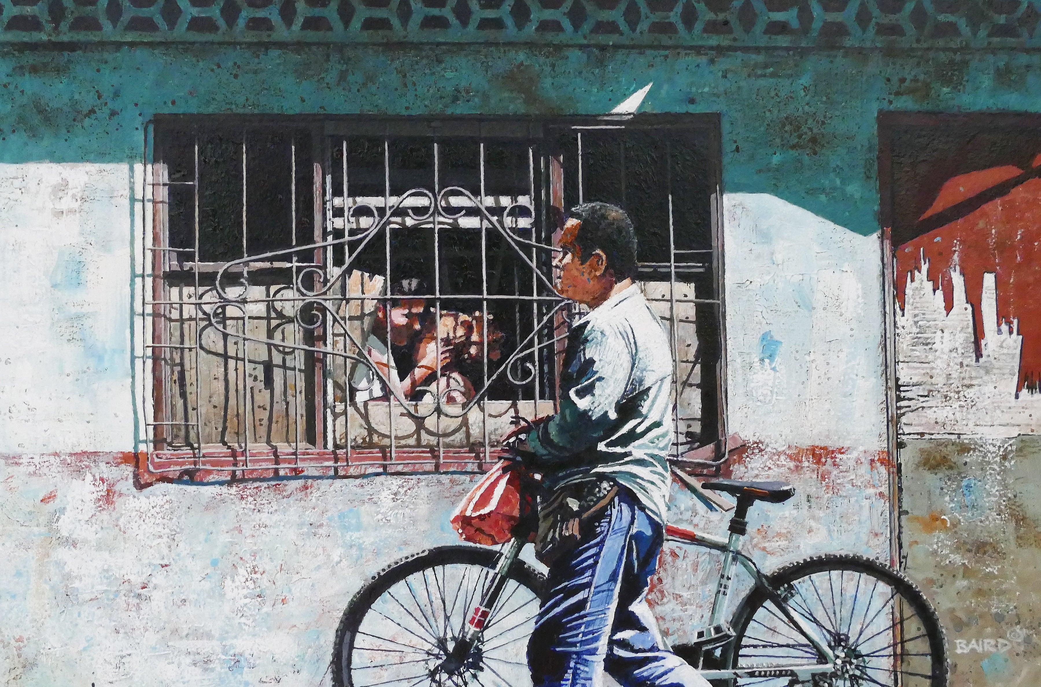 Cortés, Costa Rica - Un día más en el pequeño pueblo de Cortés. Costa Rica. Un hombre camina lentamente por una calle soleada con su bicicleta, sin percatarse de que dos jóvenes amantes comparten un beso en el interior de una pequeña casa muy