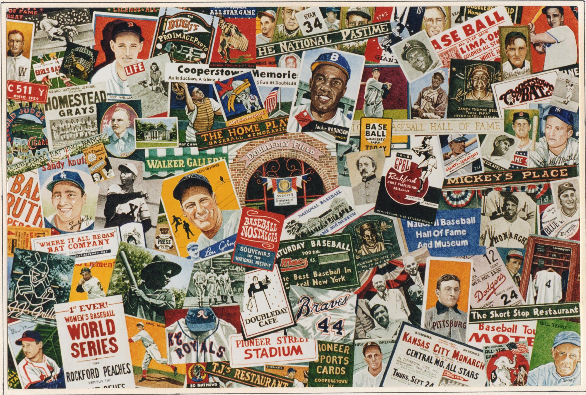 Dwight Baird's 1990 offset lithograph, "If Abner Only Knew-Cooperstown," is a signed piece measuring 20 x 30 inches. This artwork presents a vibrant collage celebrating baseball history, featuring vintage baseball cards and memorabilia of legends