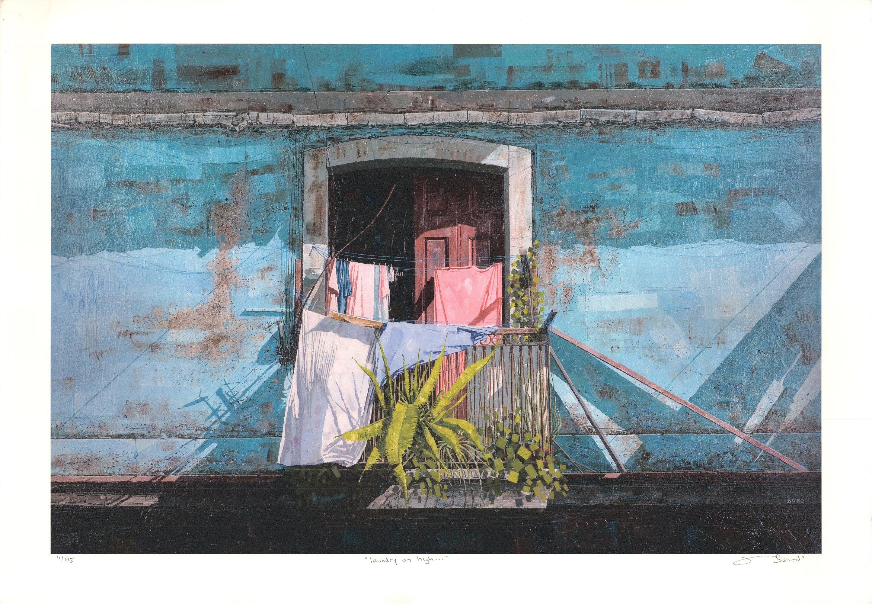 De una serie de cuadros titulada Viva Cuba, esta pieza única se titula "Lavandería en las alturas" y fue pintada en 2004 por el artista canadiense Dwight Baird. Esta impresión giclée mide 18 x 36 pulgadas y está numerada del 1 al 325 y firmada a