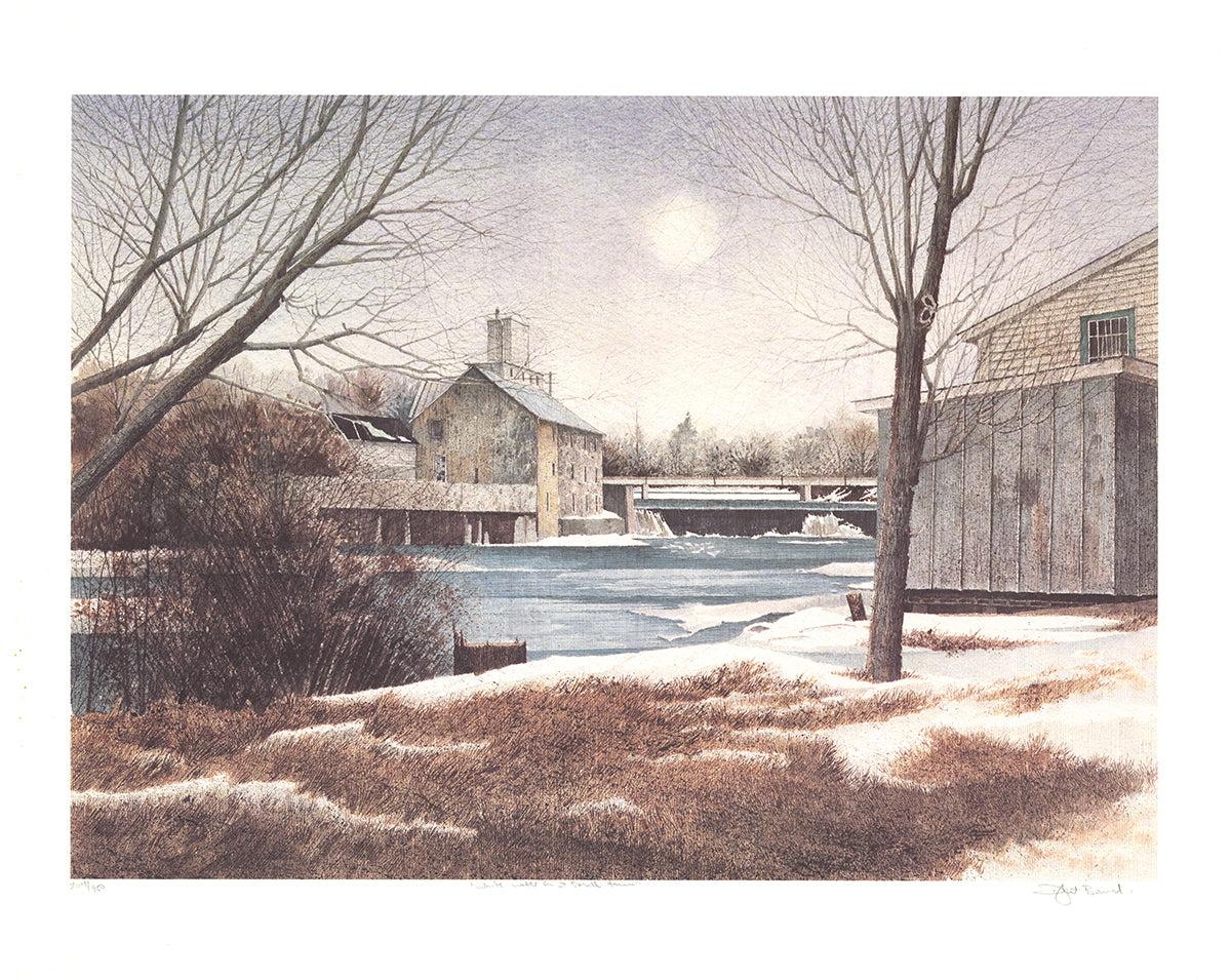 This charming scene from the artist’s earlier period captures a tranquil view of Huntingdon, Quebec, where the Old Huntingdon Mill rests peacefully along the Châteauguay River as water cascades gently over the falls. The composition evokes a deep