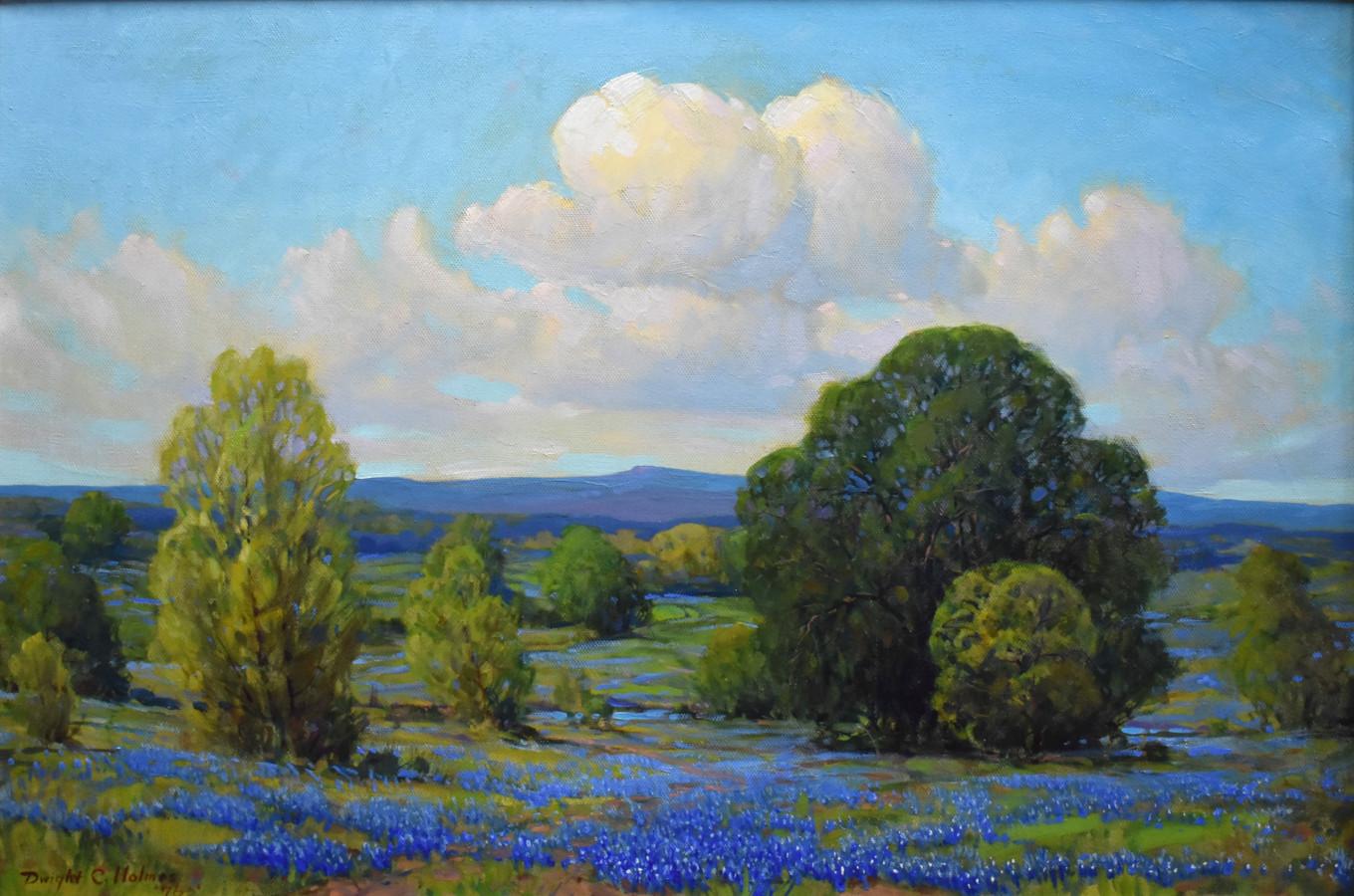 « BluebonNET FIELDS » TEXAS HILL COUNTRY FRAMÉ 29,5 X 41,5 - Impressionnisme Painting par Dwight Holmes