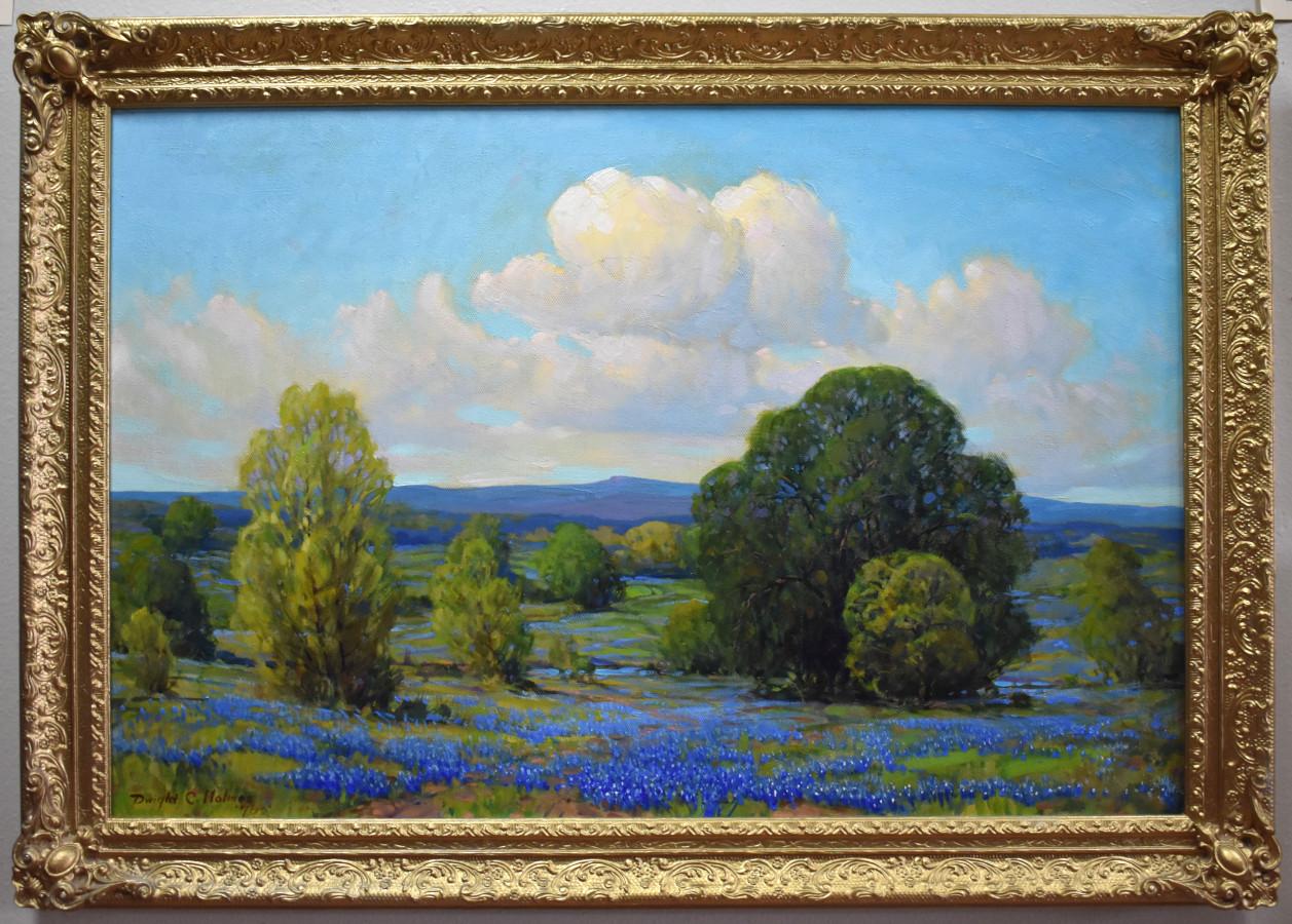 Dwight Holmes Landscape Painting - "'BLUEBONNET FIELDS" TEXAS HILL COUNTRY FRAMED 29.5 X 41.5