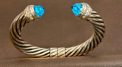 DY Cable Classics Bracelet Sterling Blue Topaz & Pave Diamond Hinged Bangle