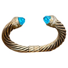 DY Cable Classics Bracelet Sterling Blue Topaz & Pave Diamond Hinged Bangle