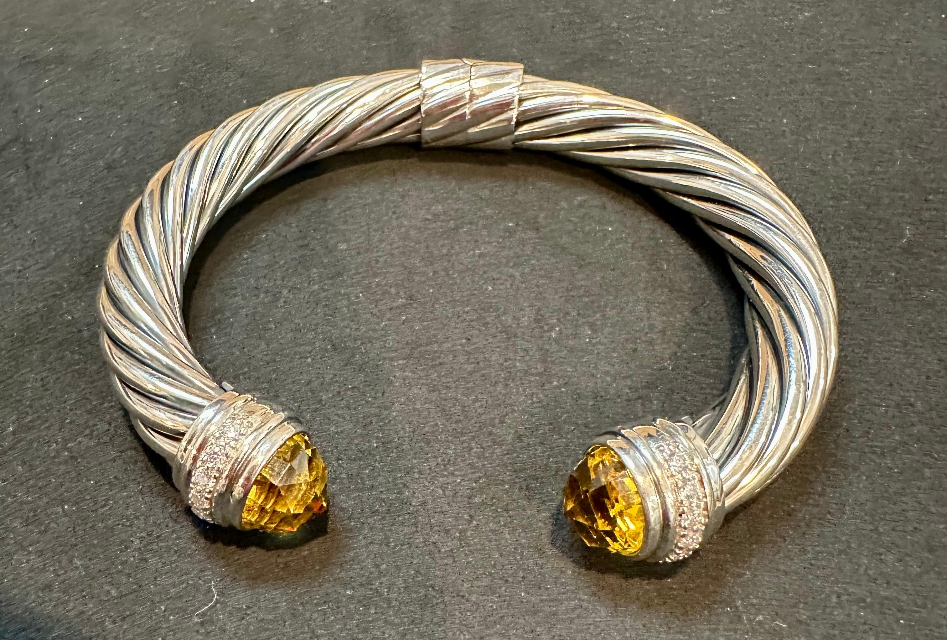 Cabochon DY Cable Classics Bracelet Sterling Silver Citrine & Pave Diamond Hinged Bangle
