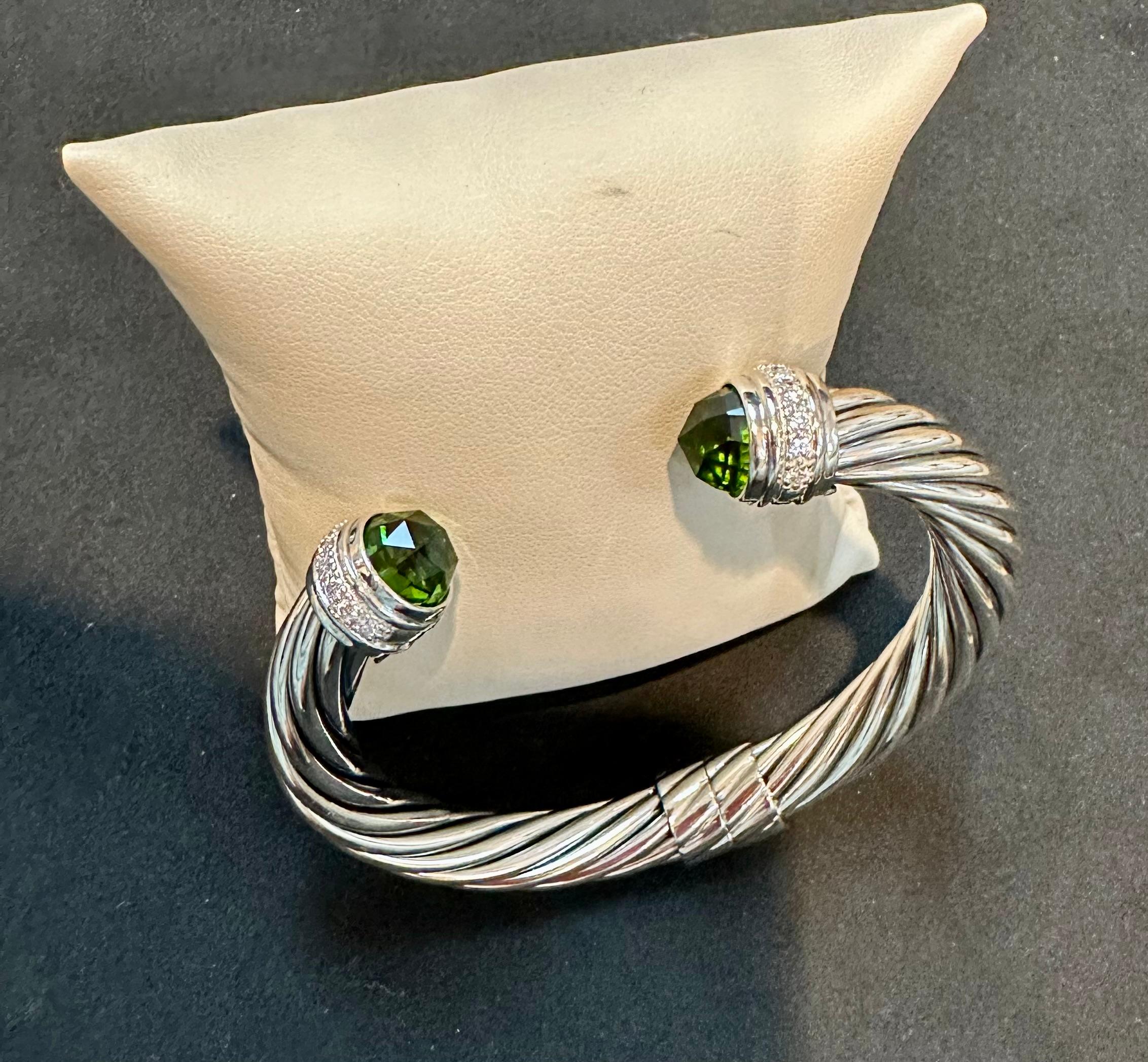 DY Cable Classics Bracelet Sterling Silver Peridot & Pave Diamond Hinged Bangle 5