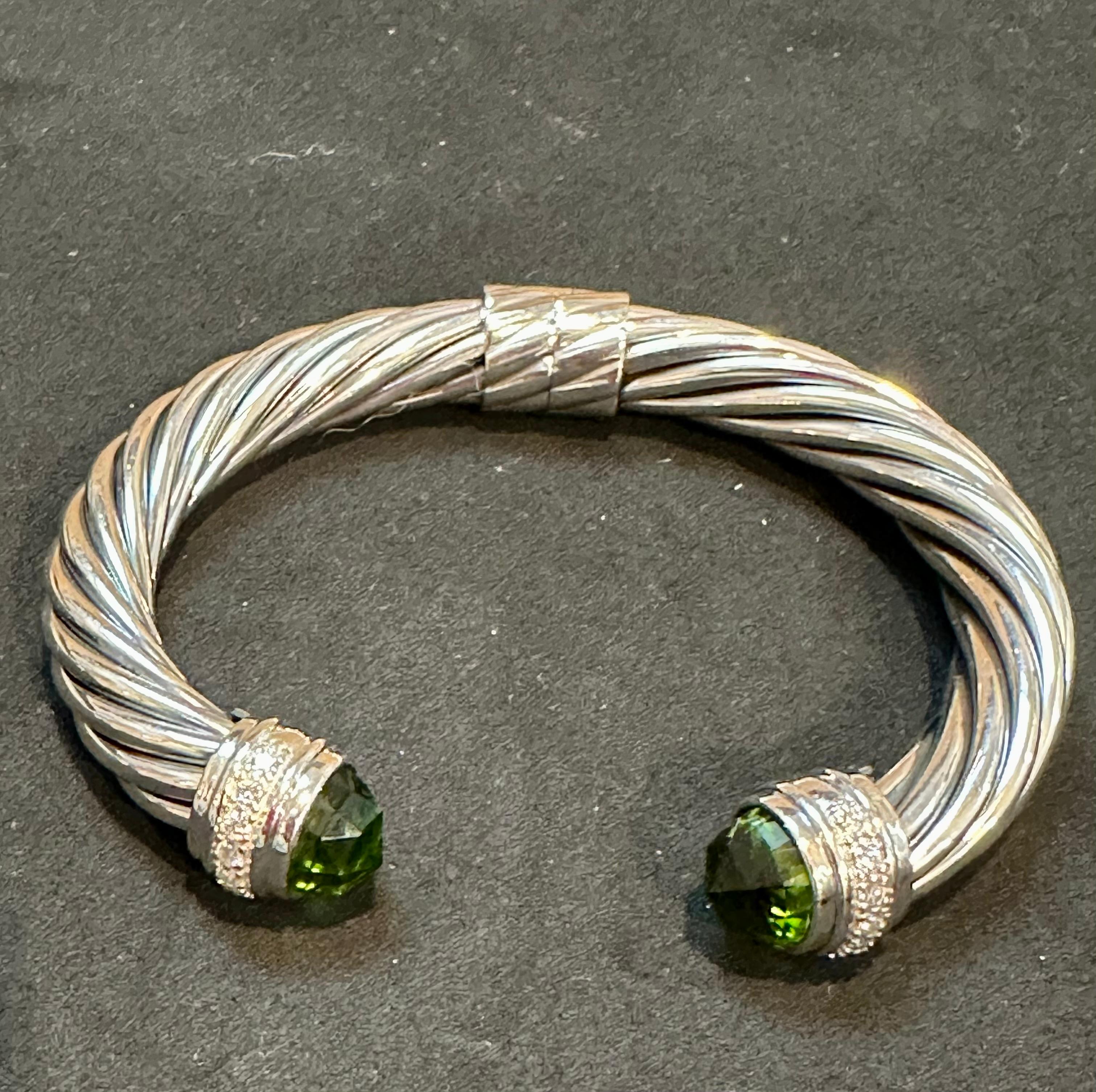 DY Cable Classics Bracelet Sterling Silver Peridot & Pave Diamond Hinged Bangle 1