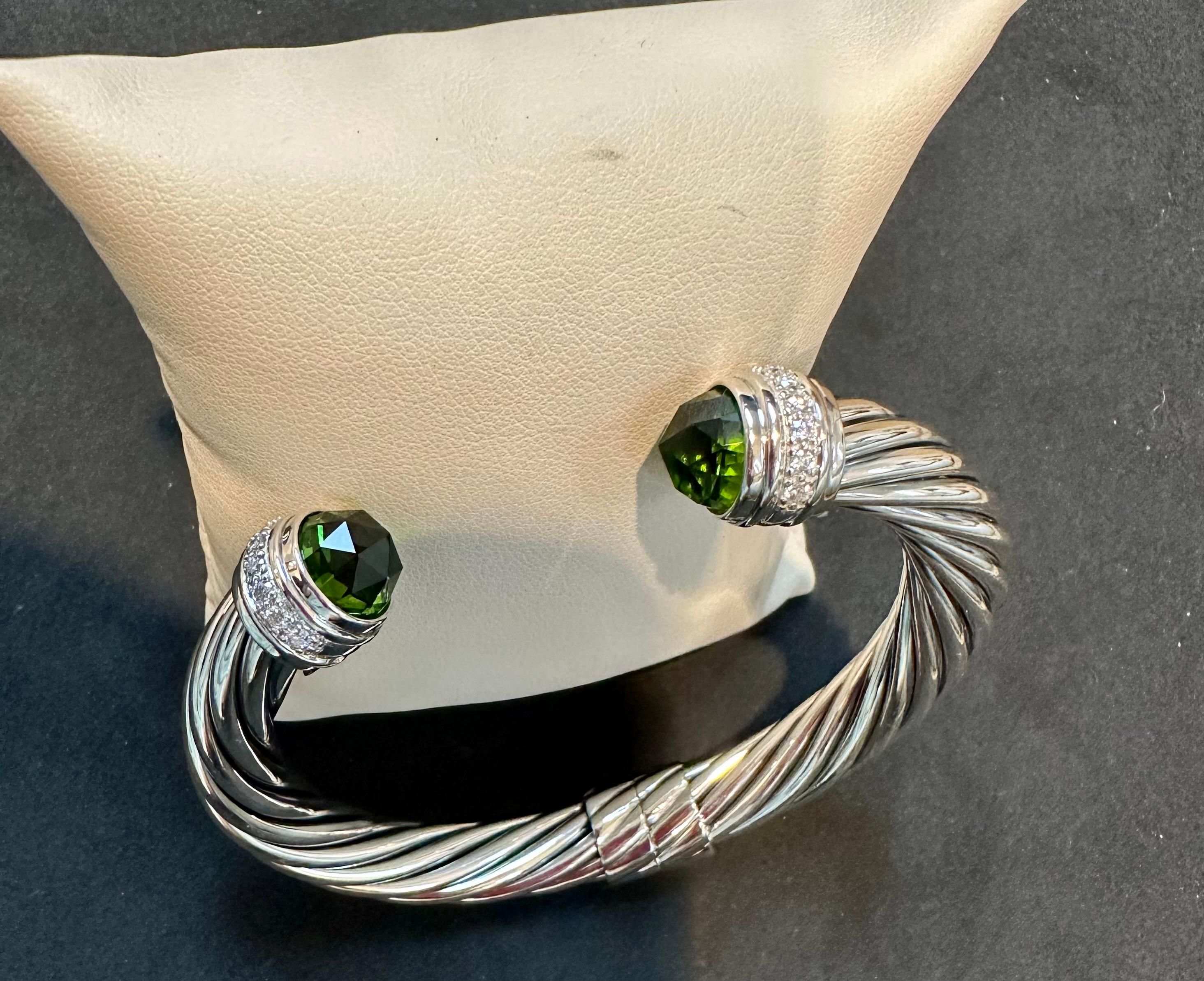 DY Cable Classics Bracelet Sterling Silver Peridot & Pave Diamond Hinged Bangle 2
