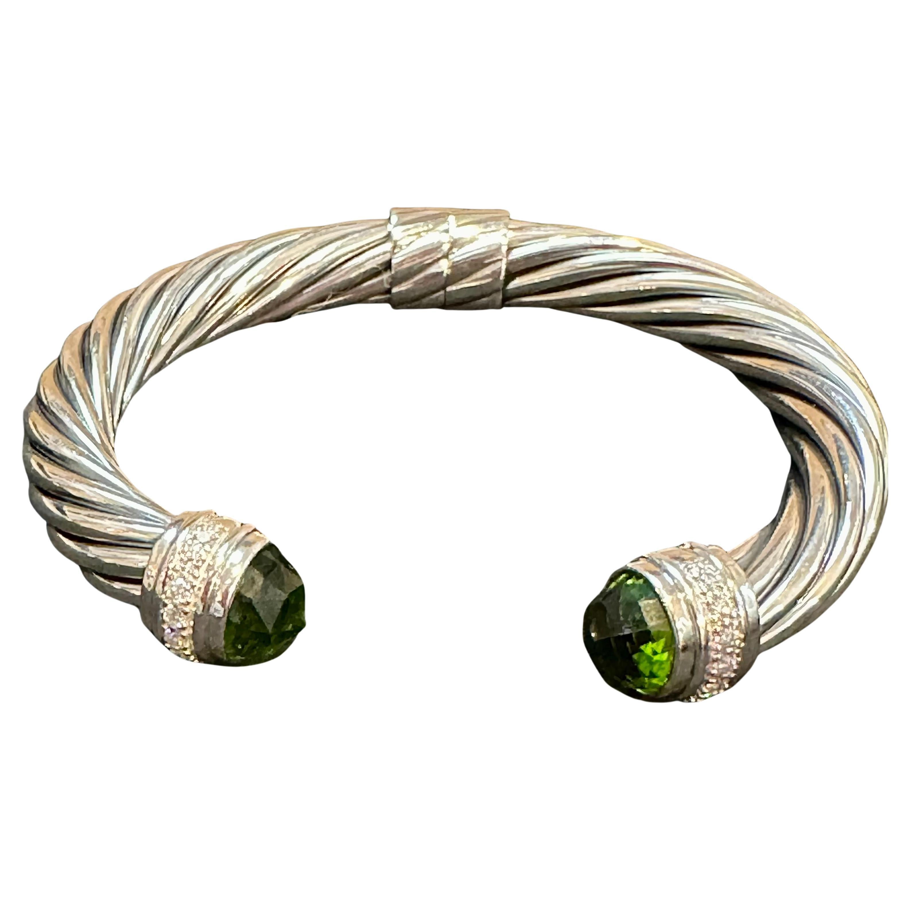 DY Cable Classics Bracelet Sterling Silver Peridot & Pave Diamond Hinged Bangle