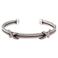 David Yurman Sterling Silver Diamond Double X Cable Cuff Bracelet