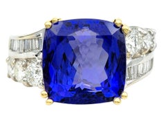 D'Yach Cushion Cut Tanzanite and Multi Diamond Ring in Two Tone 18 Karat Gold