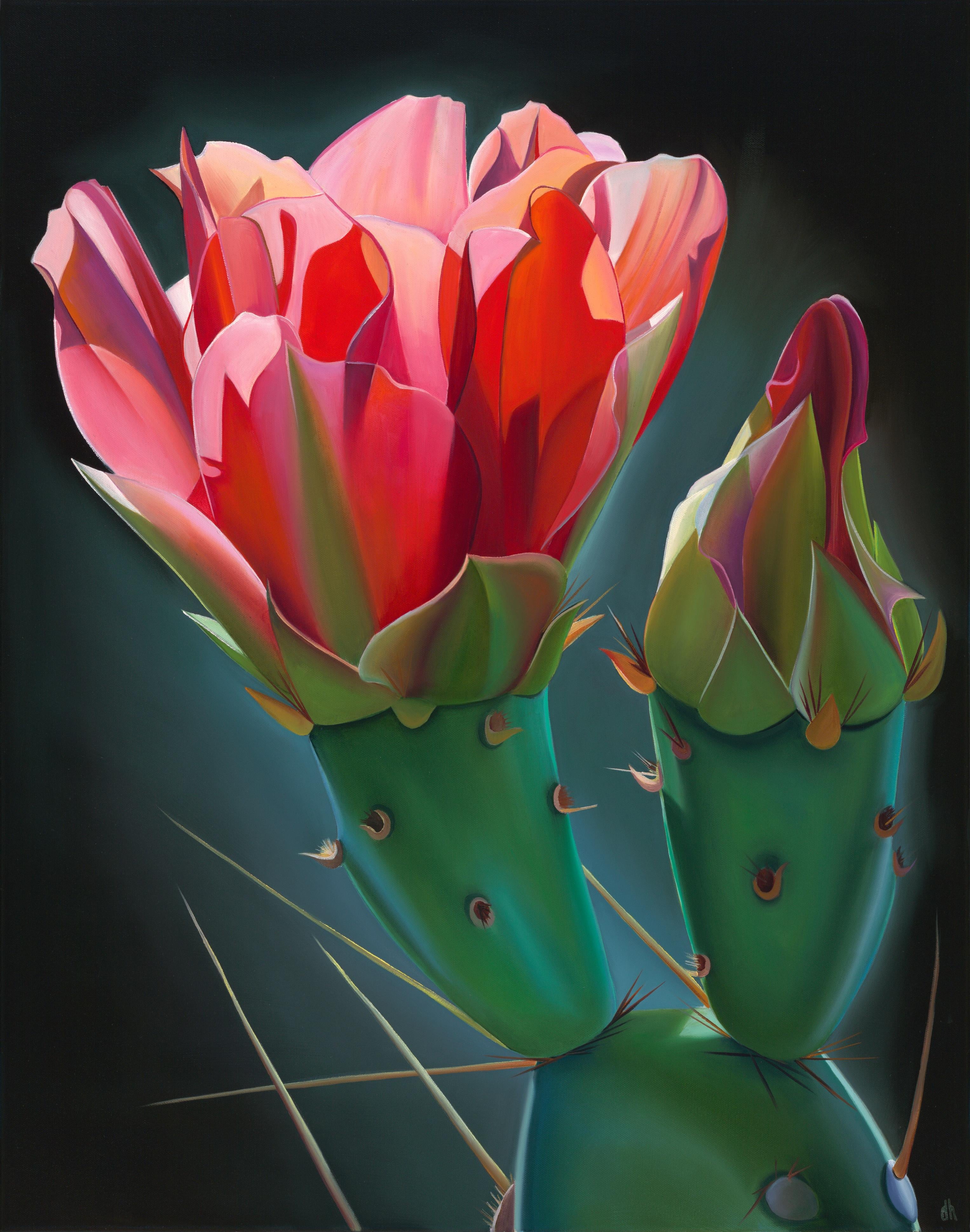 Dyana Hesson Still-Life Painting - "Dynamic Duo Prickly Pear Bloom and Bud"