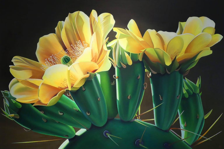 Dyana Hesson Still-Life Painting - "Pears and Coffee - Prickly Pear cactus Blooms"